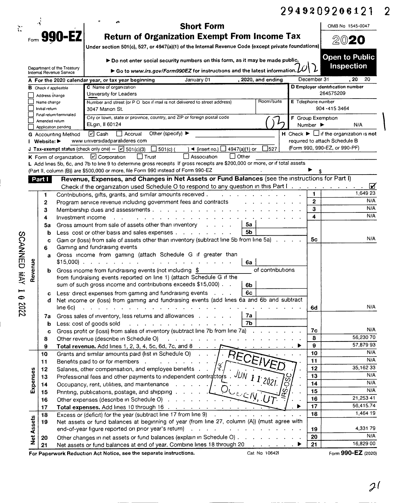 Image of first page of 2020 Form 990EZ for Alef University