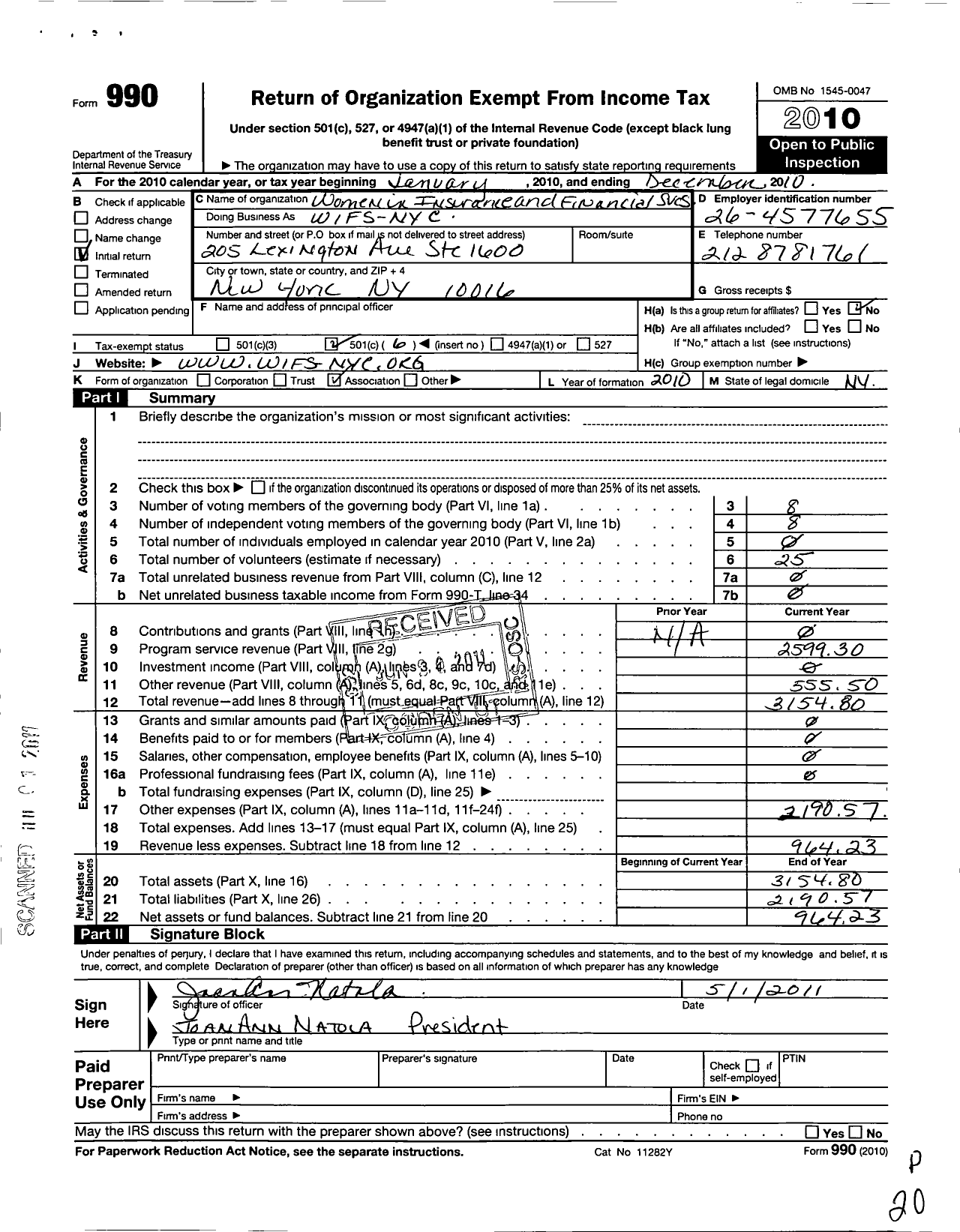 Image of first page of 2010 Form 990O for Women in Insurance and Financial SVCS Wifs Nyc
