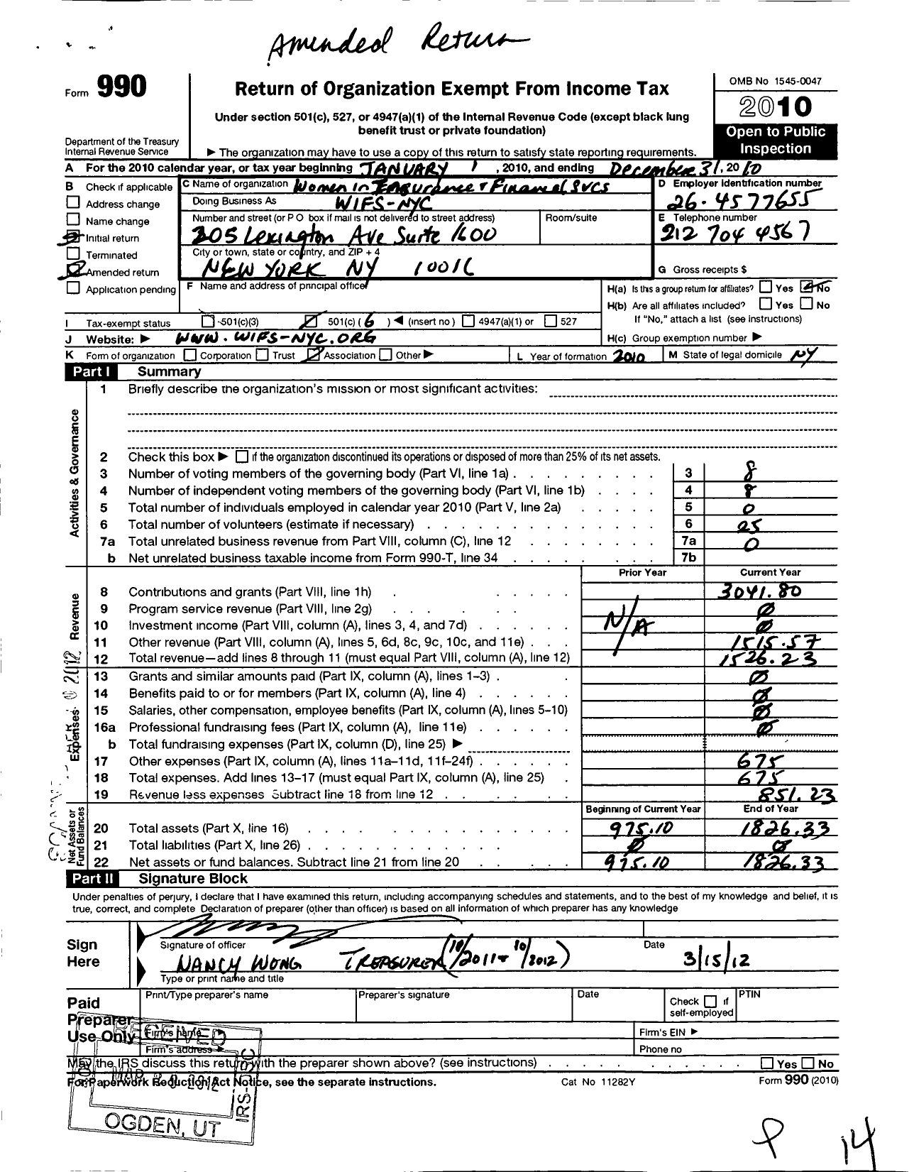 Image of first page of 2010 Form 990O for Women in Insurance and Financial SVCS Wifs Nyc