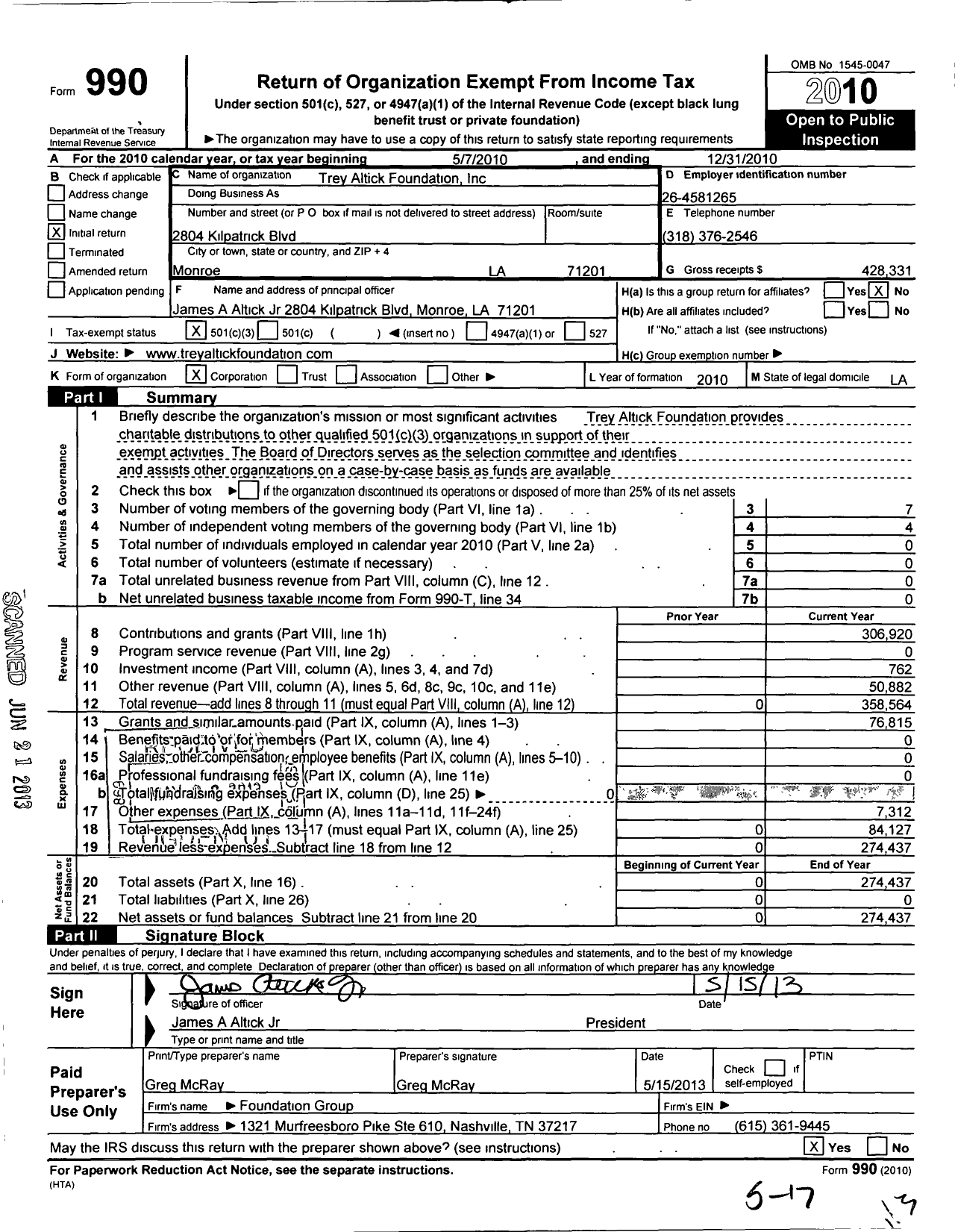 Image of first page of 2010 Form 990 for Trey Altick Foundation