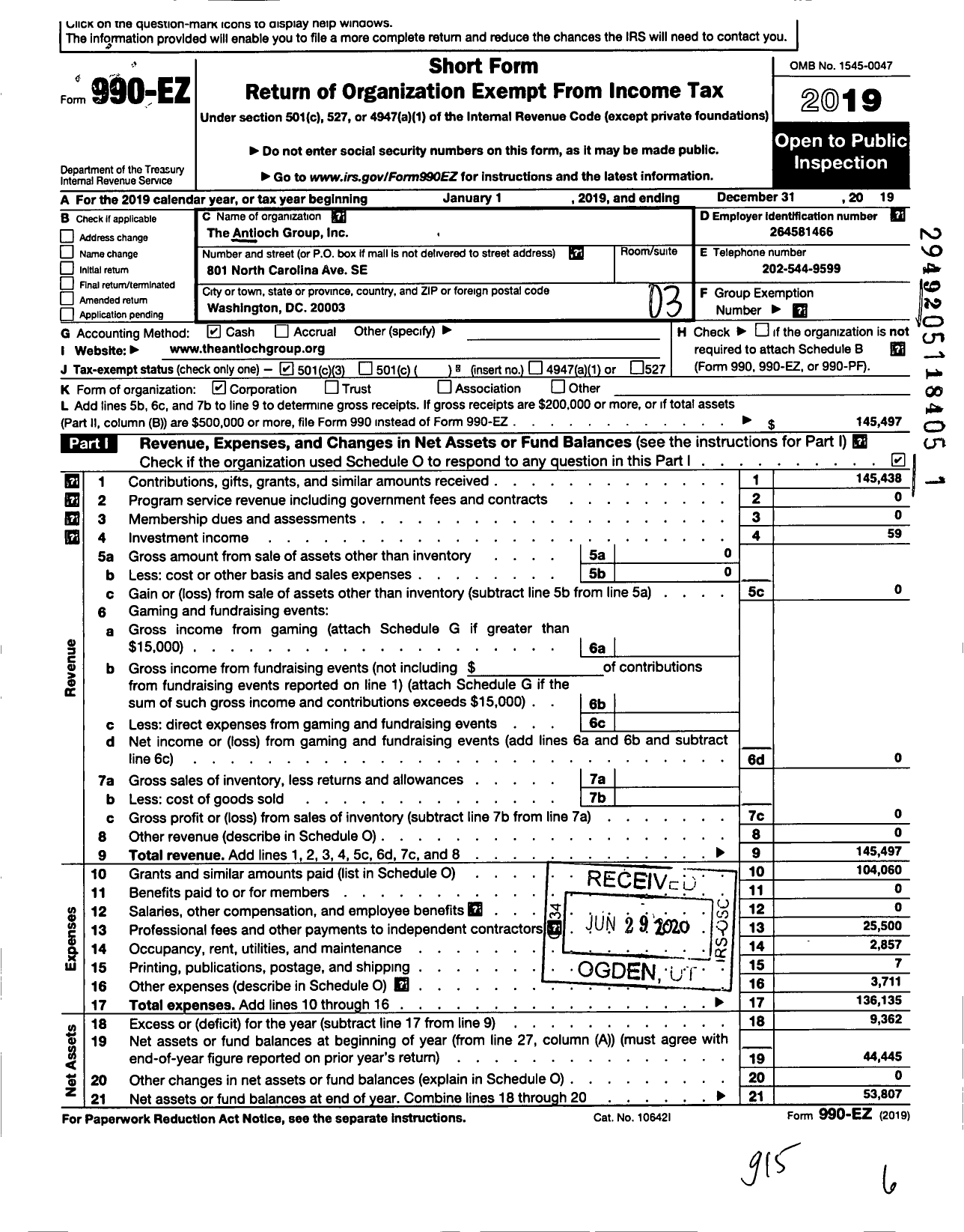 Image of first page of 2019 Form 990EZ for Antioch Group