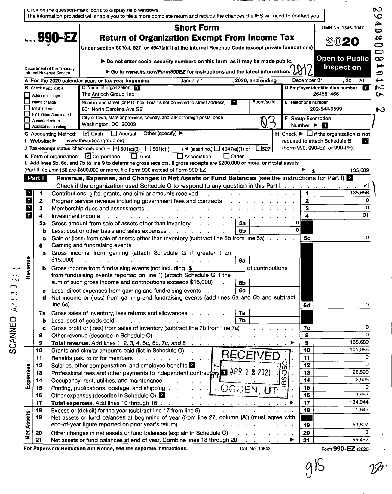 Image of first page of 2020 Form 990EZ for Antioch Group