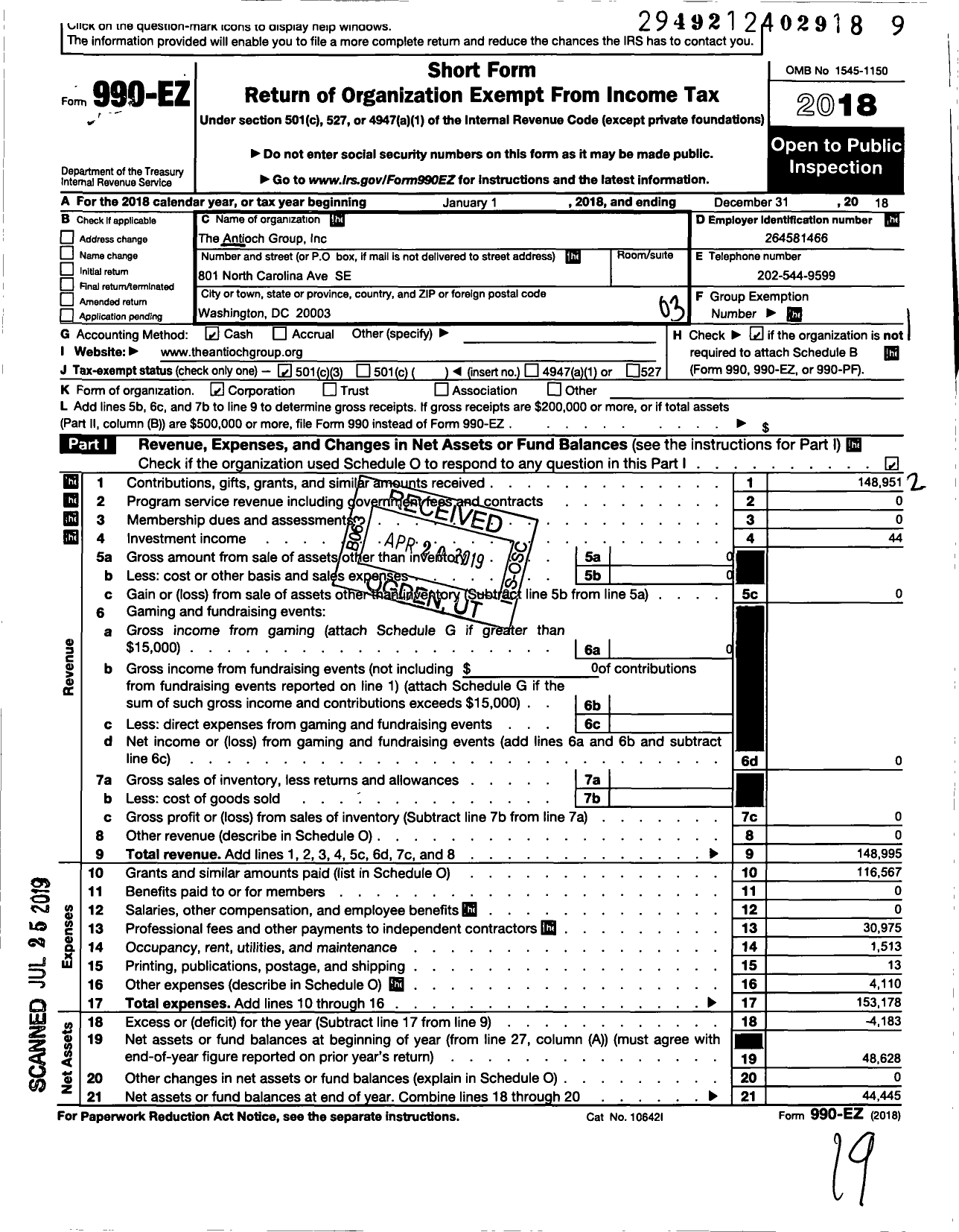 Image of first page of 2018 Form 990EZ for Antioch Group