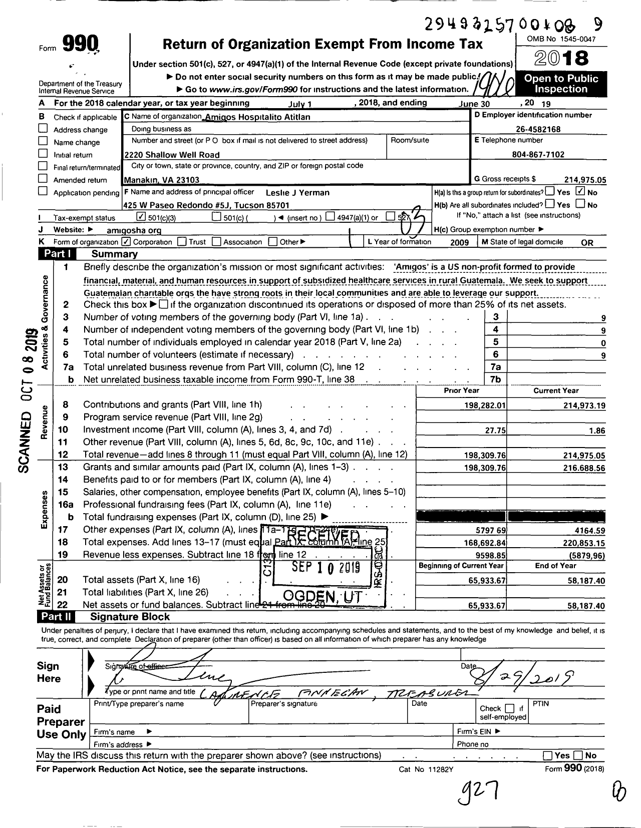 Image of first page of 2018 Form 990 for Amigos Hospitalito Atitlan