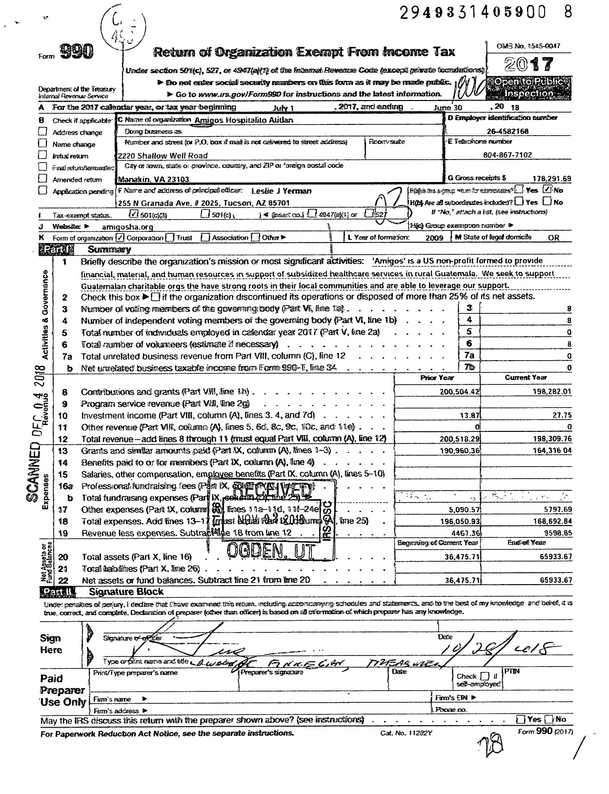 Image of first page of 2017 Form 990 for Amigos Hospitalito Atitlan