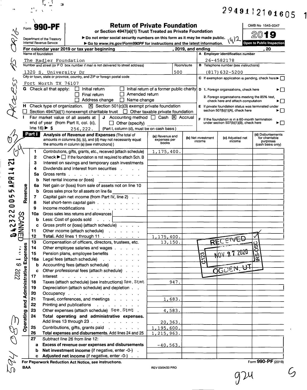Image of first page of 2019 Form 990PF for Radler Foundation (RF)