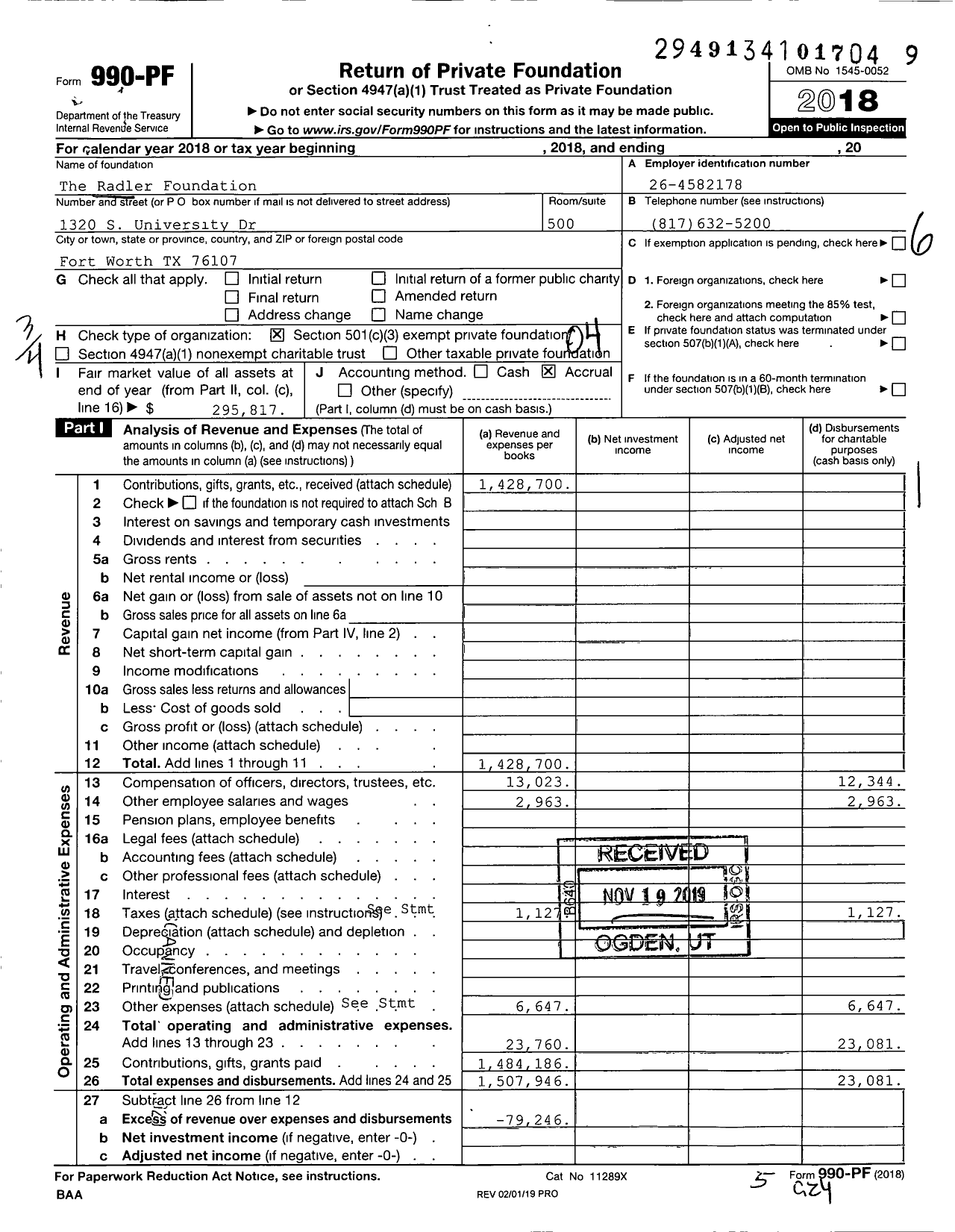 Image of first page of 2018 Form 990PF for Radler Foundation (RF)