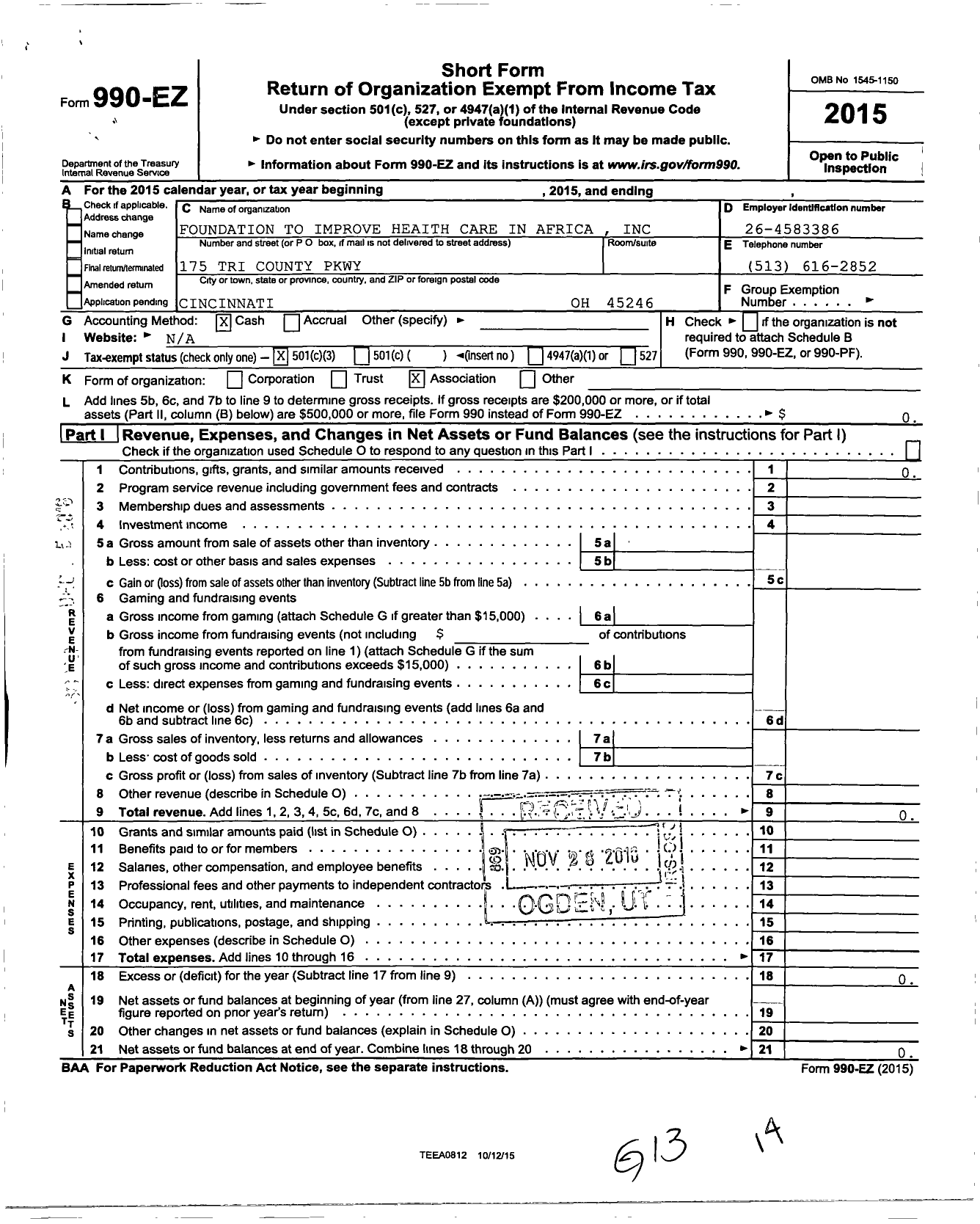 Image of first page of 2015 Form 990EZ for Foundation To Improve Heaith Care in Africa