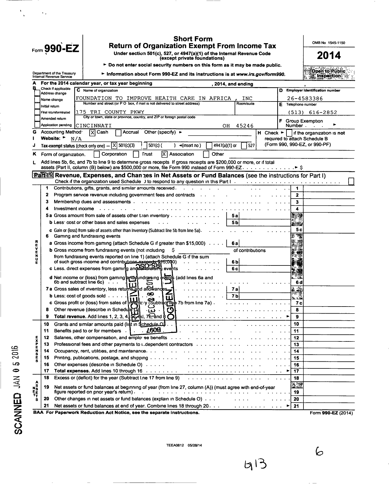 Image of first page of 2014 Form 990EZ for Foundation To Improve Heaith Care in Africa