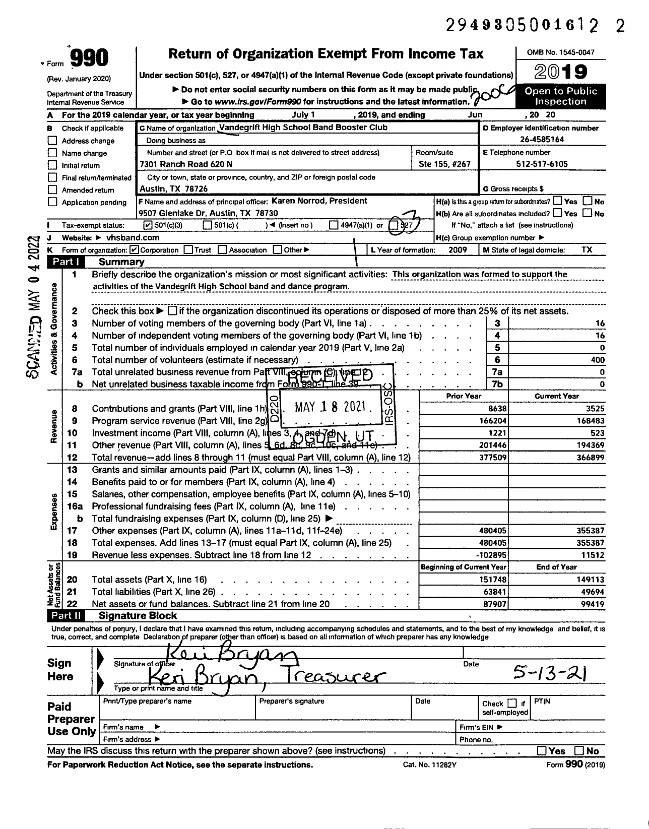 Image of first page of 2019 Form 990 for Vandegrift High School Band Booster Club