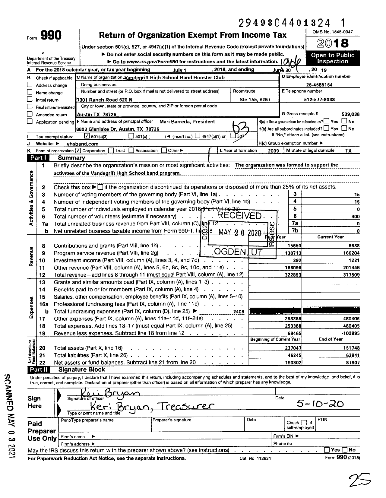 Image of first page of 2018 Form 990 for Vandegrift High School Band Booster Club