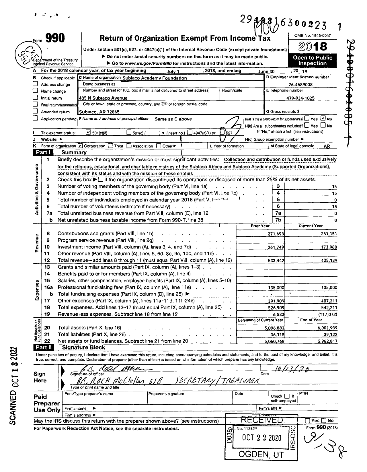 Image of first page of 2018 Form 990 for Subiaco Foundation