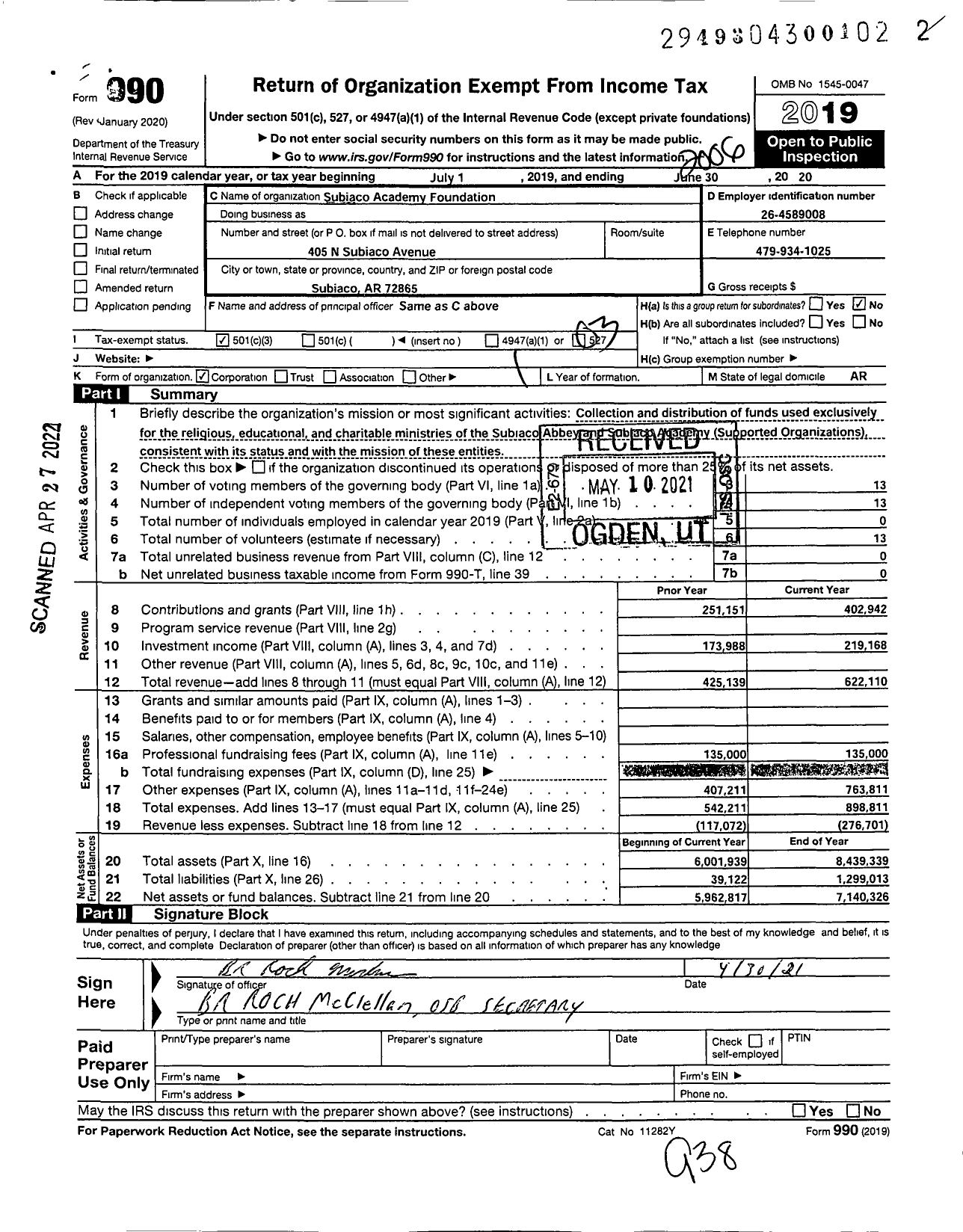 Image of first page of 2019 Form 990 for Subiaco Foundation