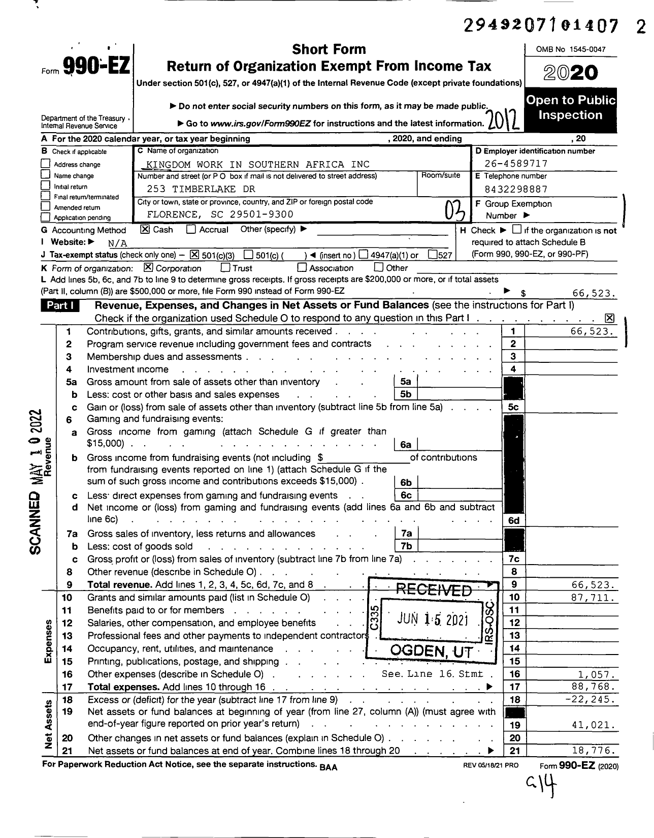 Image of first page of 2020 Form 990EZ for Kingdom Work in Southern Africa