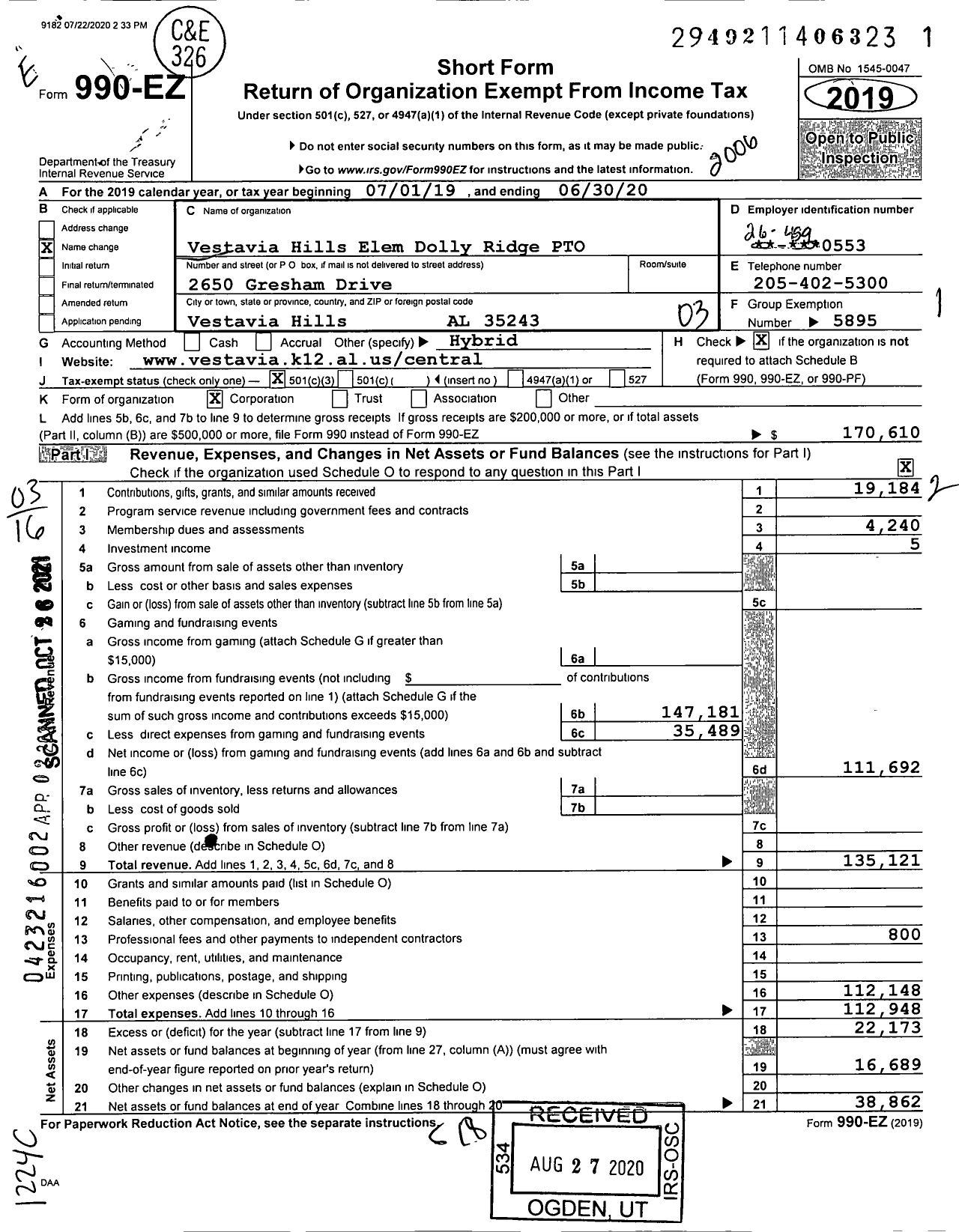 Image of first page of 2019 Form 990EZ for Vestavia Hills Elem Dolly Ridge Pto