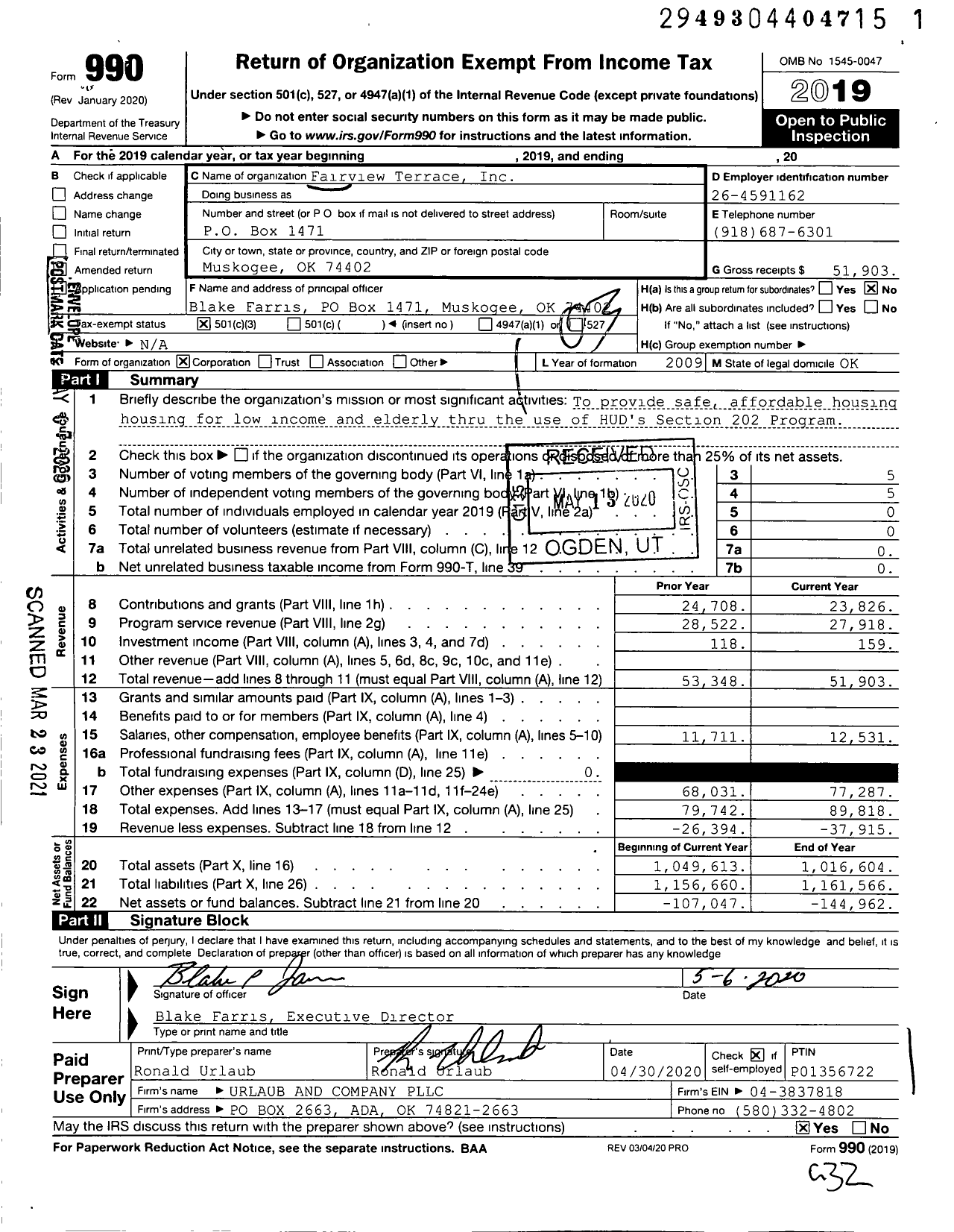 Image of first page of 2019 Form 990 for Fairview Terrace