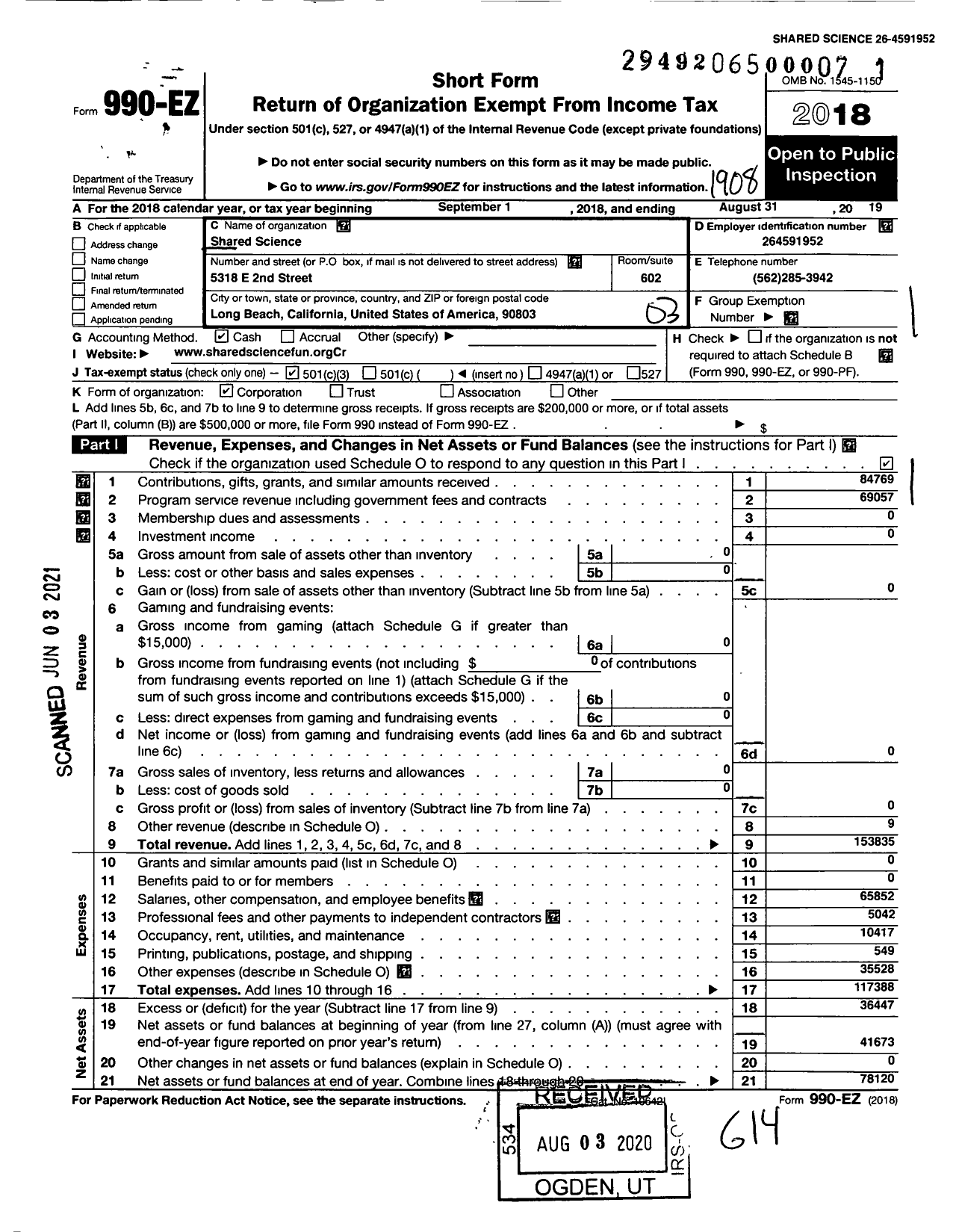 Image of first page of 2018 Form 990EZ for Shared Science