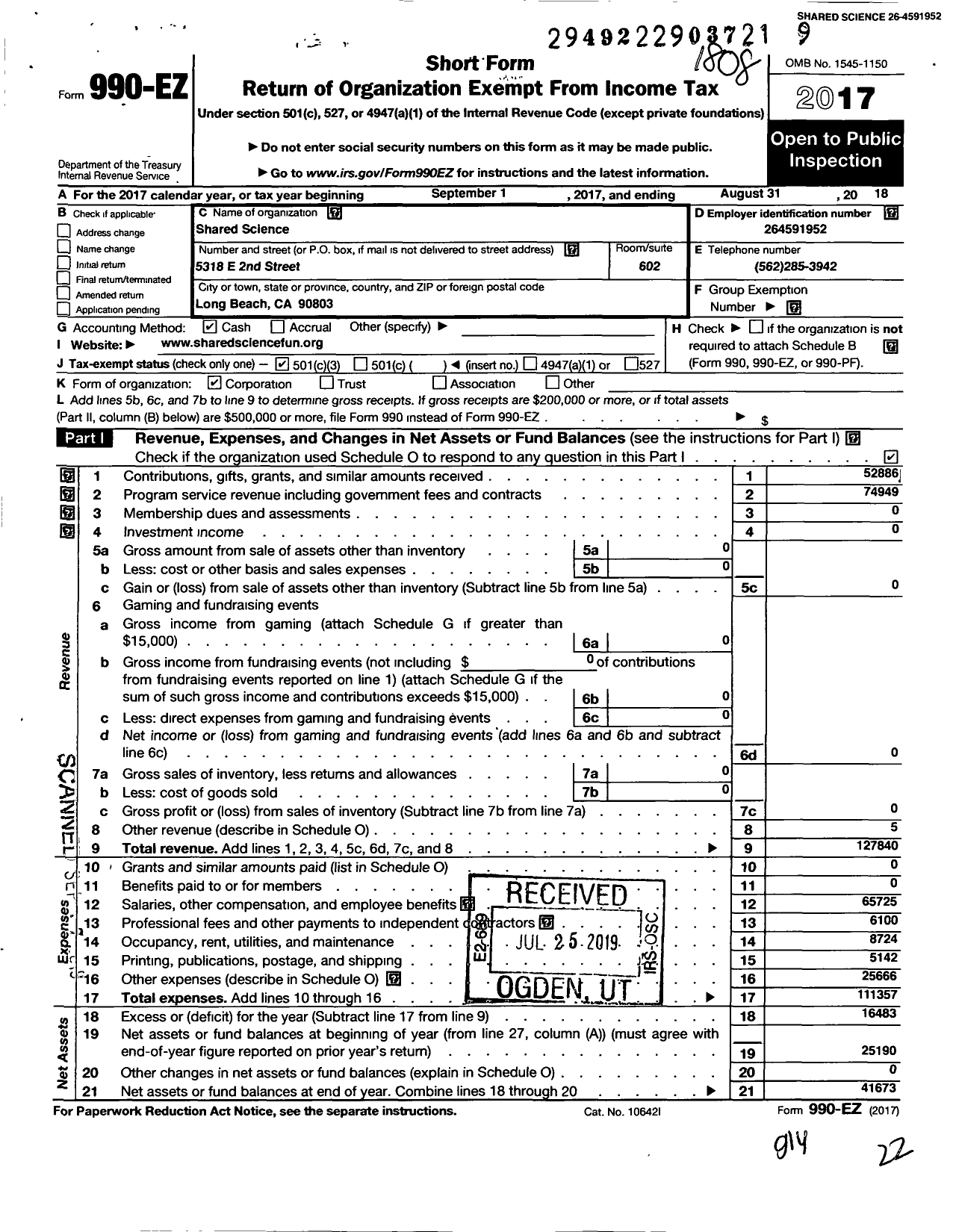 Image of first page of 2017 Form 990EZ for Shared Science