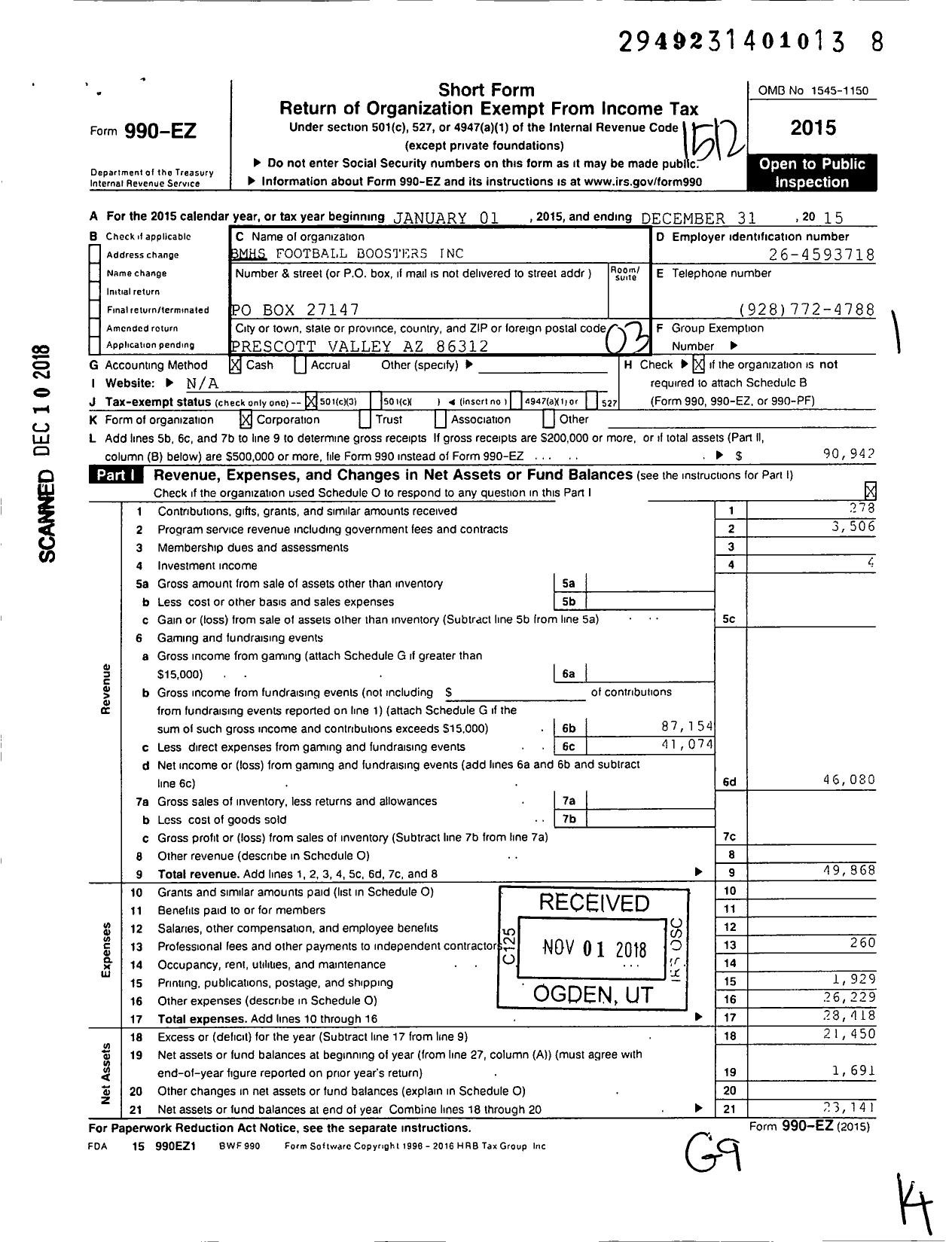 Image of first page of 2015 Form 990EZ for BMHS Football Boosters