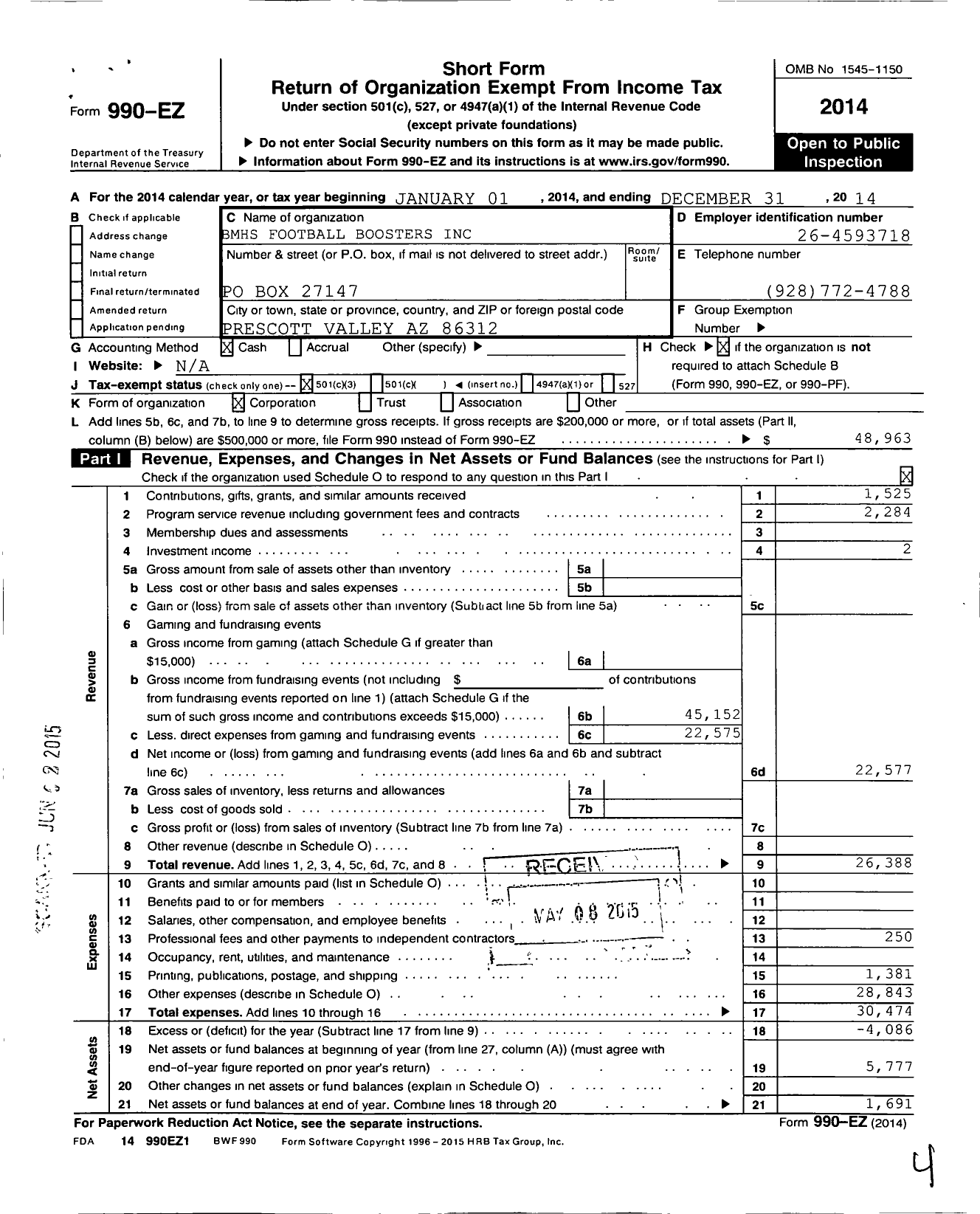 Image of first page of 2014 Form 990EZ for BMHS Football Boosters