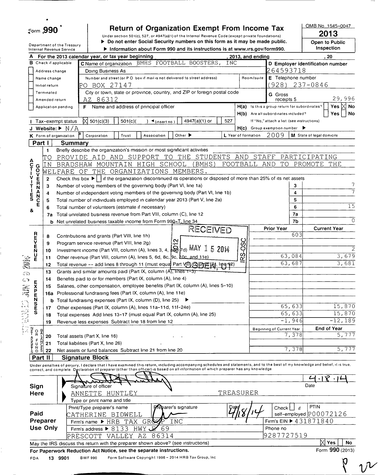 Image of first page of 2013 Form 990 for BMHS Football Boosters