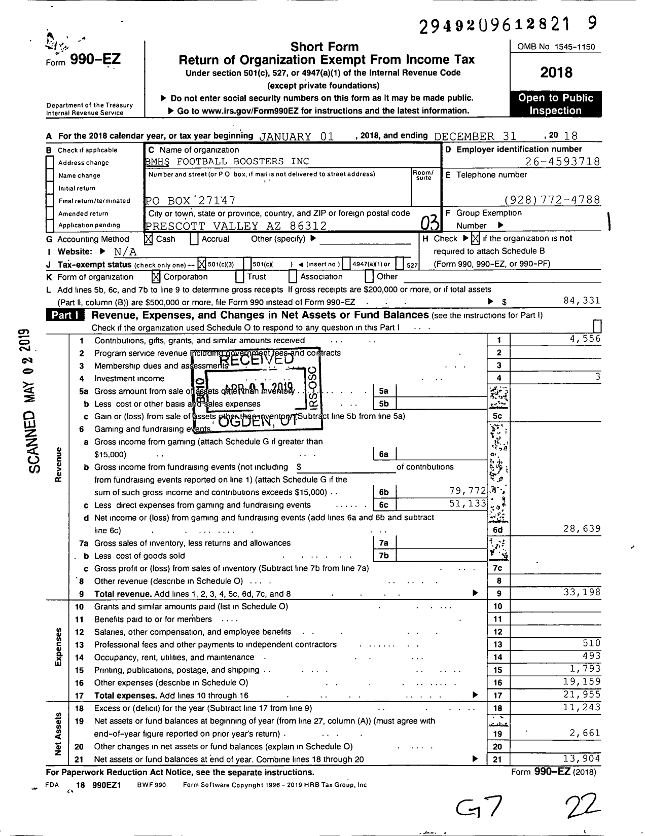 Image of first page of 2018 Form 990EZ for BMHS Football Boosters