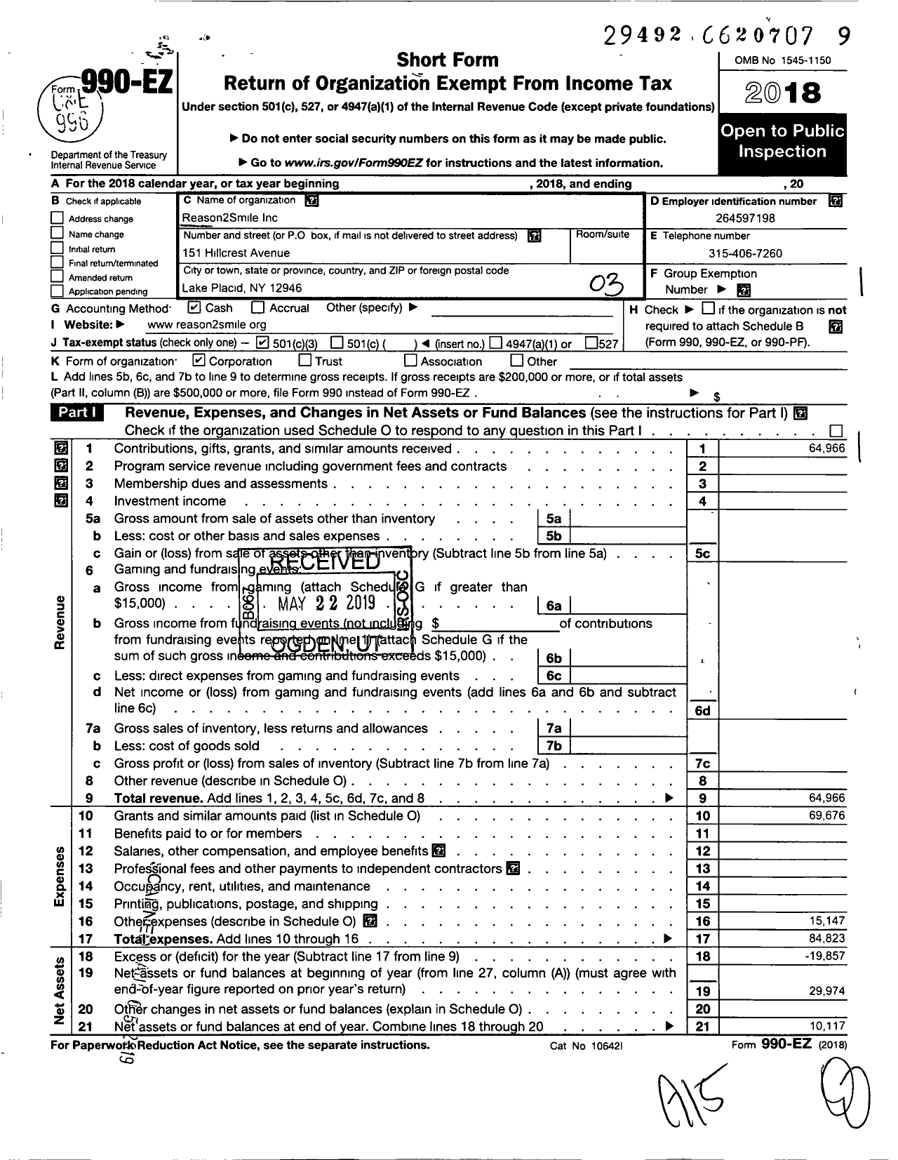 Image of first page of 2018 Form 990EZ for Reason2smile