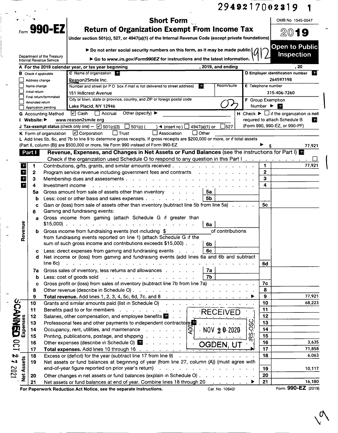 Image of first page of 2019 Form 990EZ for Reason2smile