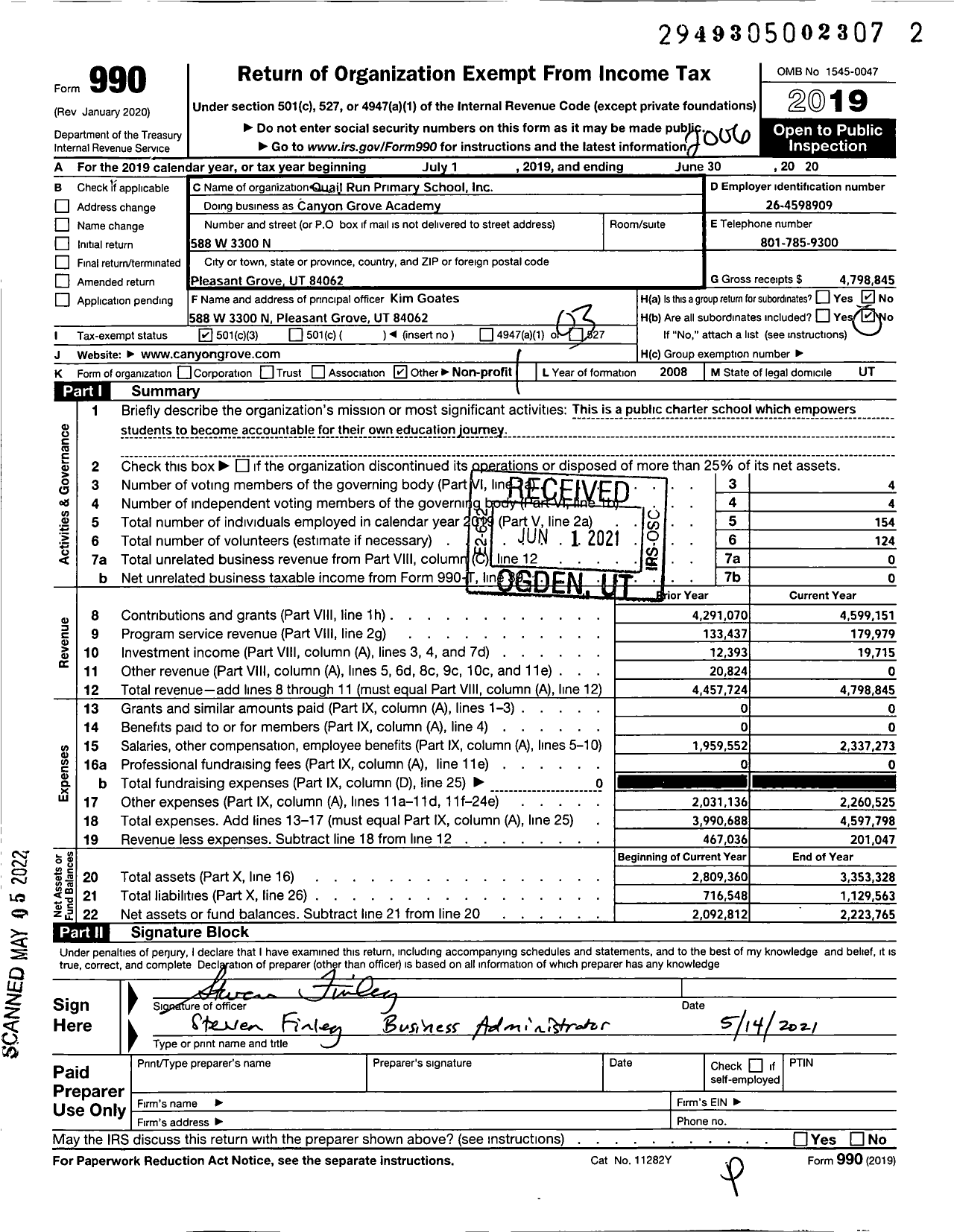 Image of first page of 2019 Form 990 for Canyon Grove Academy