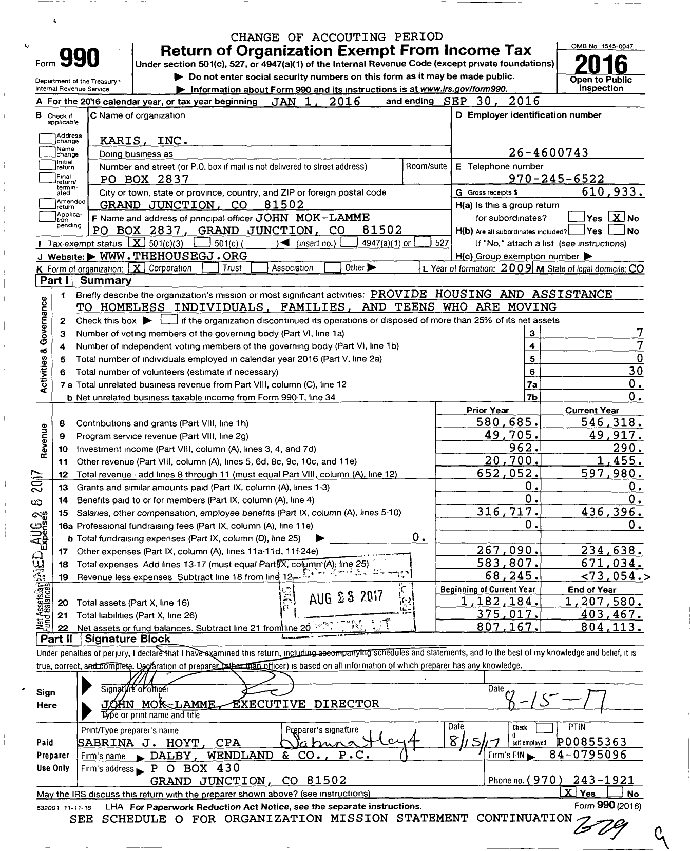 Image of first page of 2015 Form 990 for Karis