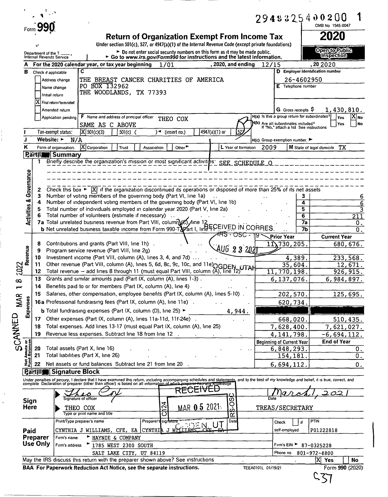 Image of first page of 2020 Form 990 for Breast Cancer Charities of America (BCCA)