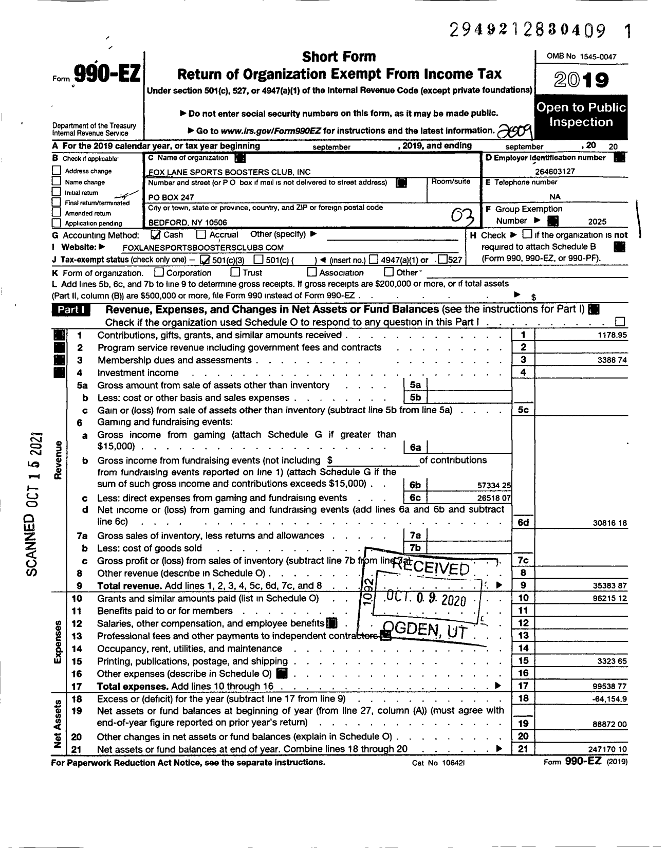 Image of first page of 2019 Form 990EZ for Fox Lane Sports Boosters Club