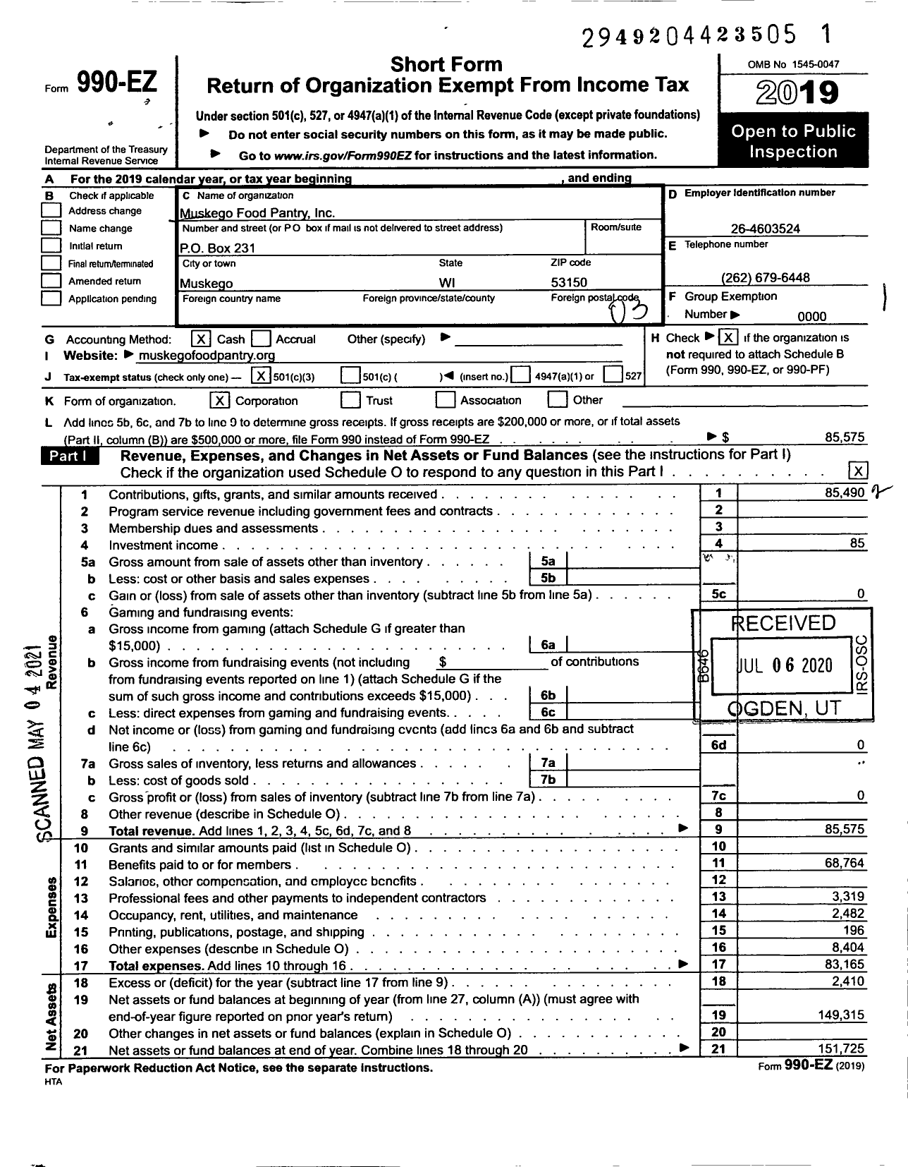 Image of first page of 2019 Form 990EZ for Muskego Food Pantry