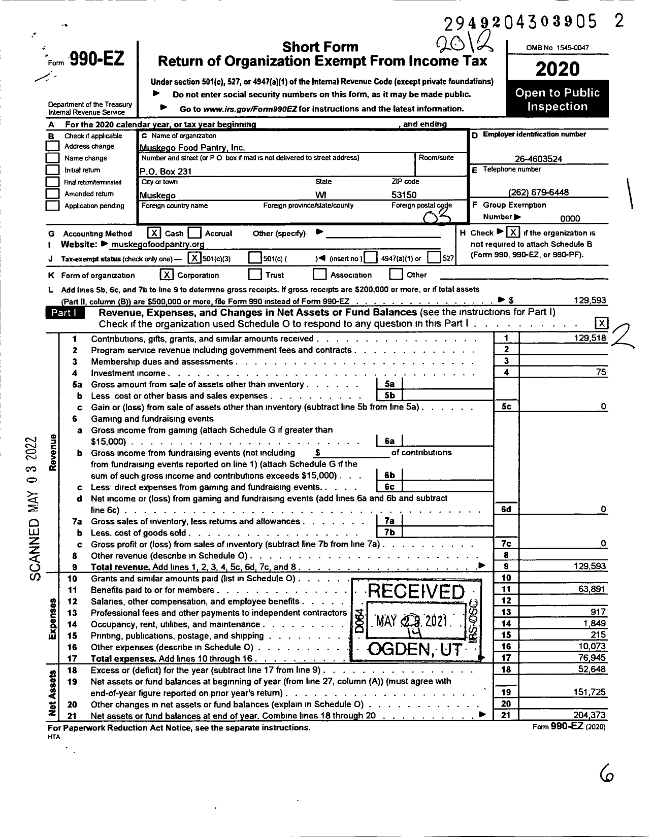 Image of first page of 2020 Form 990EZ for Muskego Food Pantry