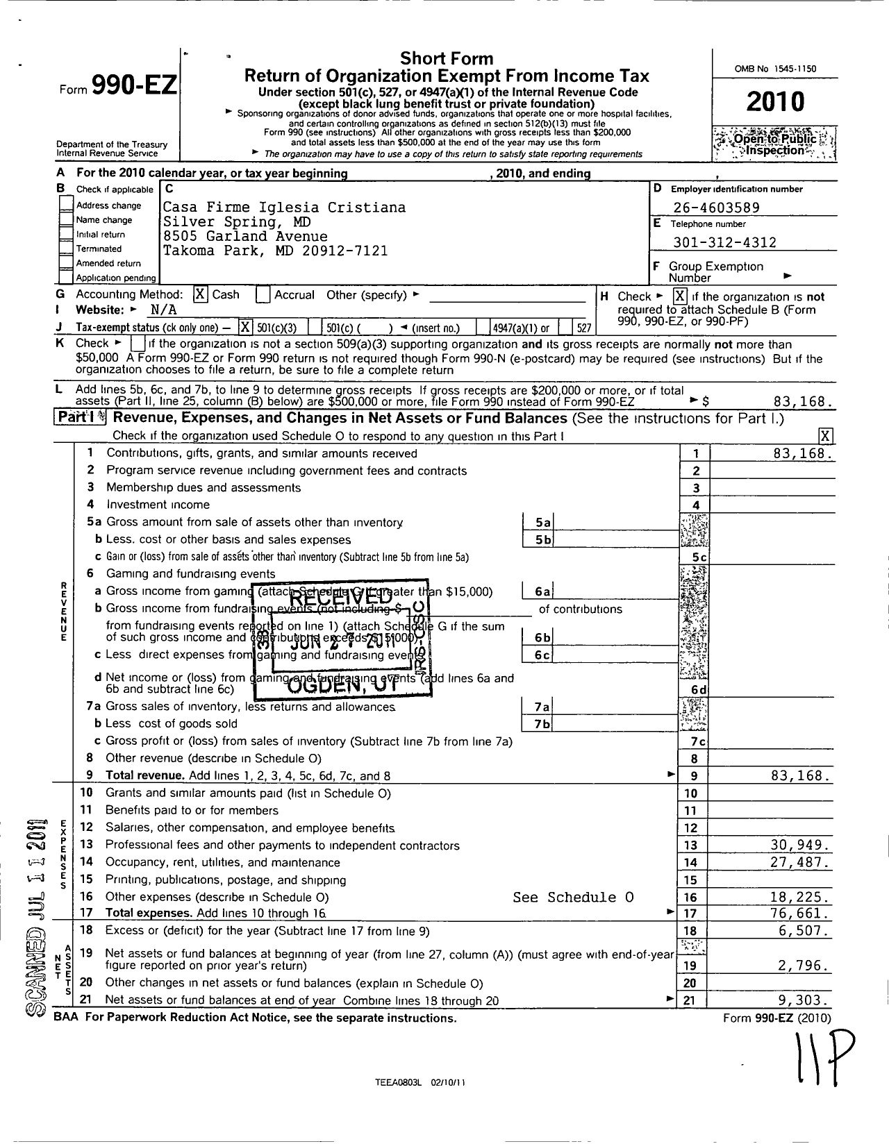 Image of first page of 2010 Form 990EZ for Casa Firme Inglesia Cristiana Silver Spring MD