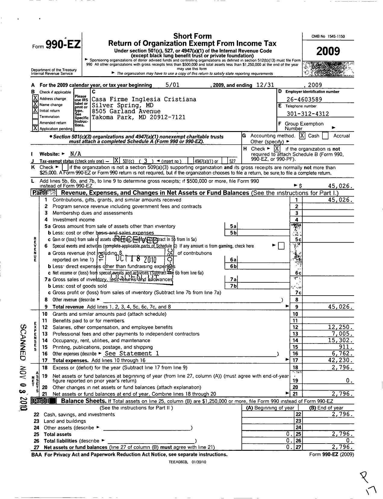 Image of first page of 2009 Form 990EZ for Casa Firme Inglesia Cristiana Silver Spring MD