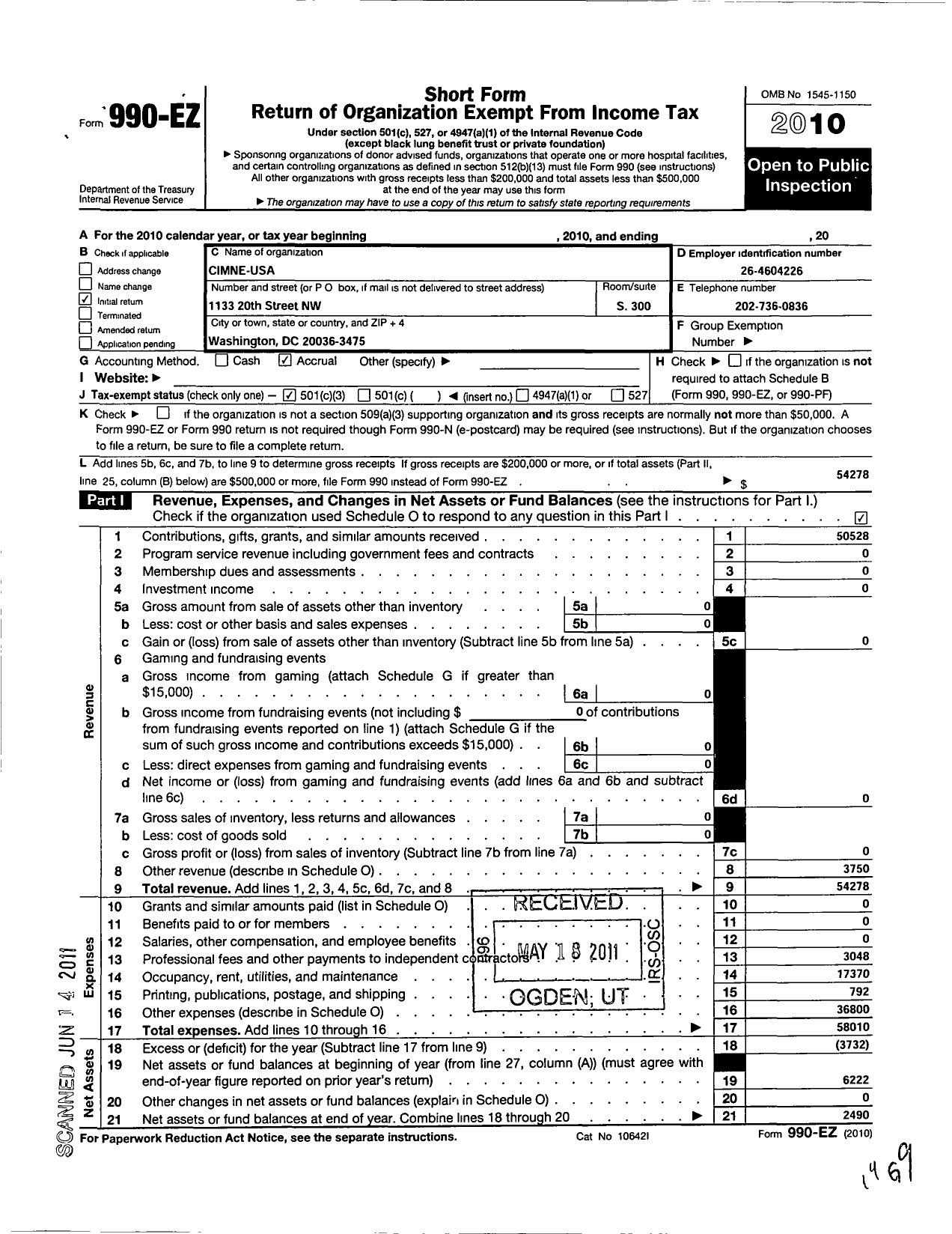 Image of first page of 2010 Form 990EZ for Cimne-Usa