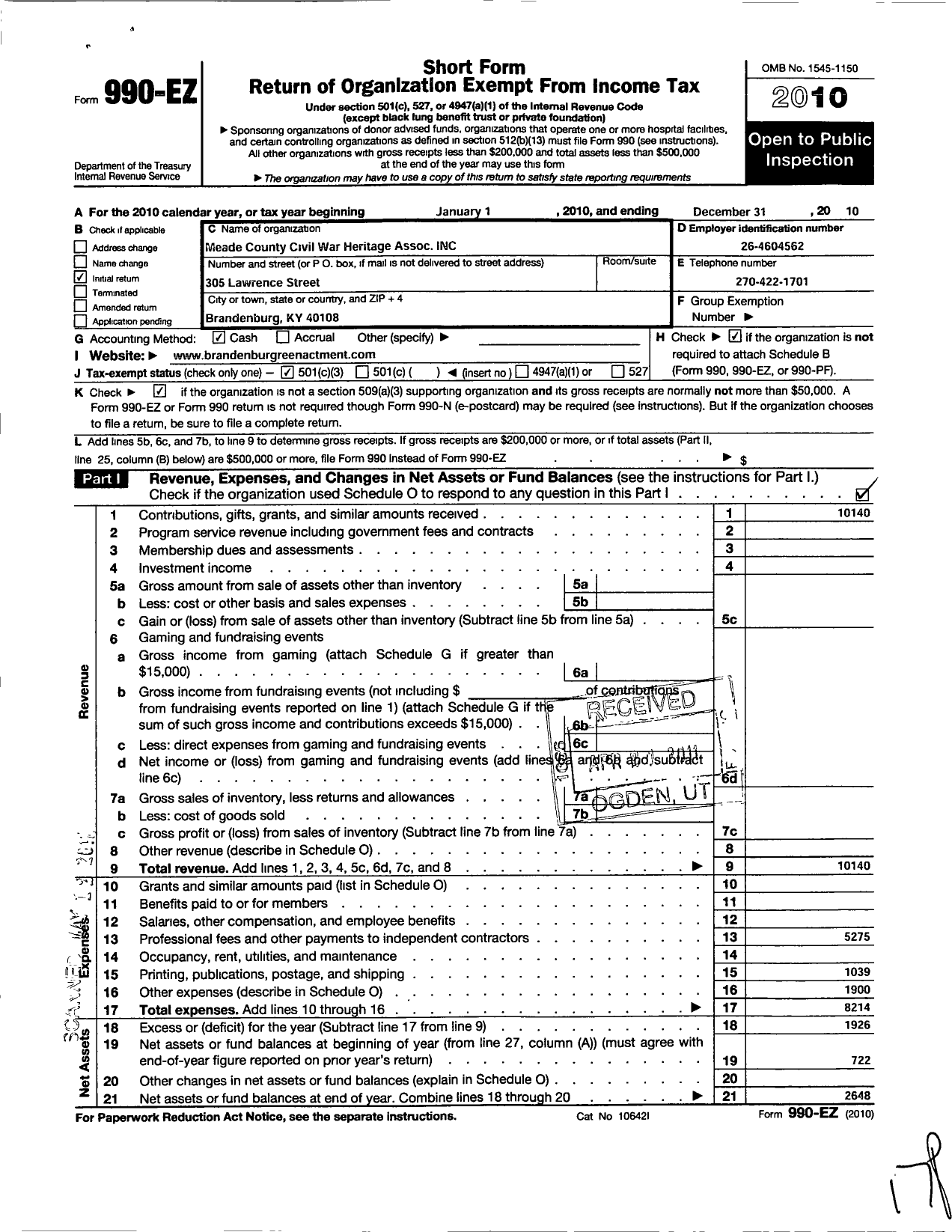 Image of first page of 2010 Form 990EZ for Meade County Civil War Heritage Association Incorporated