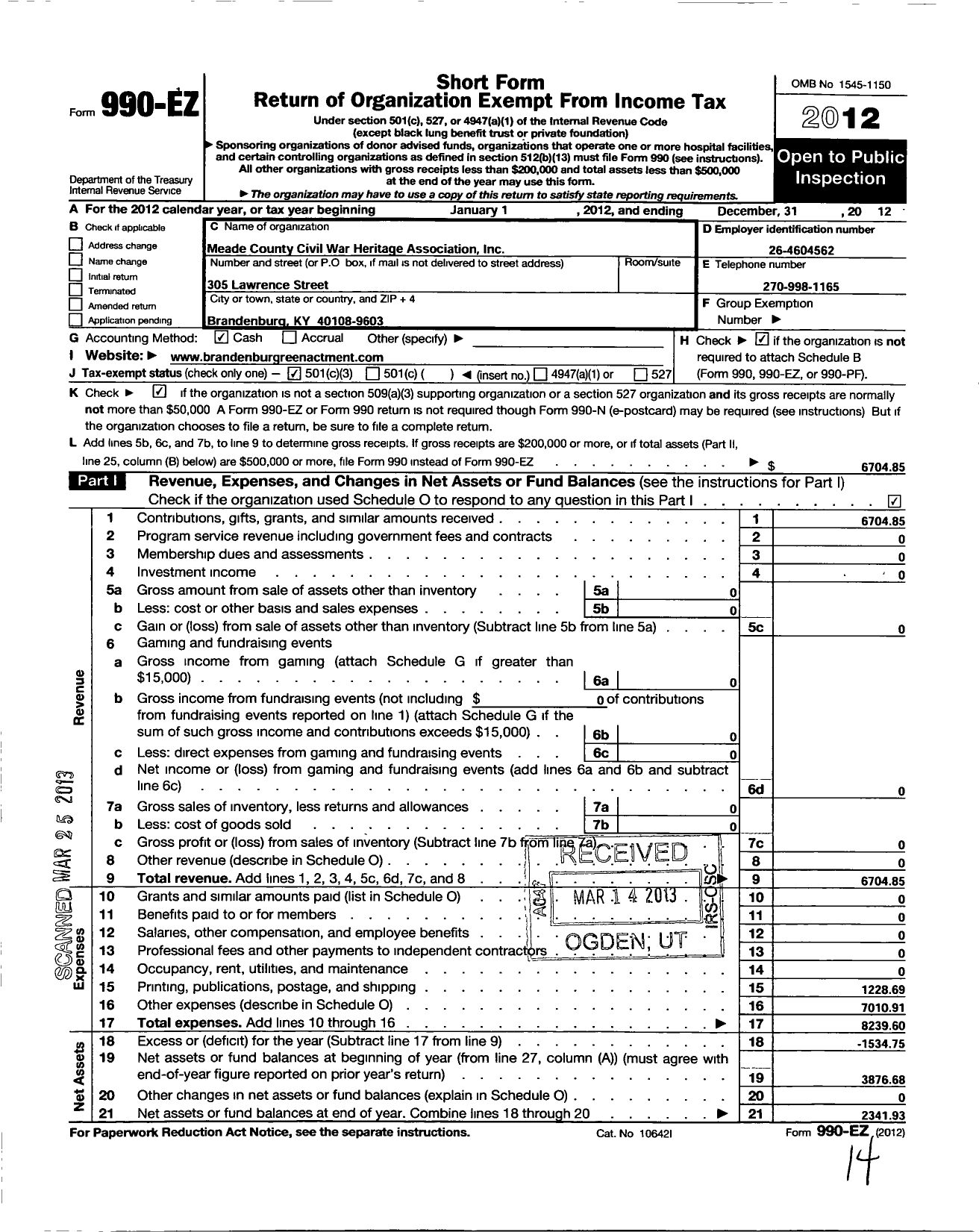 Image of first page of 2012 Form 990EZ for Meade County Civil War Heritage Association Incorporated