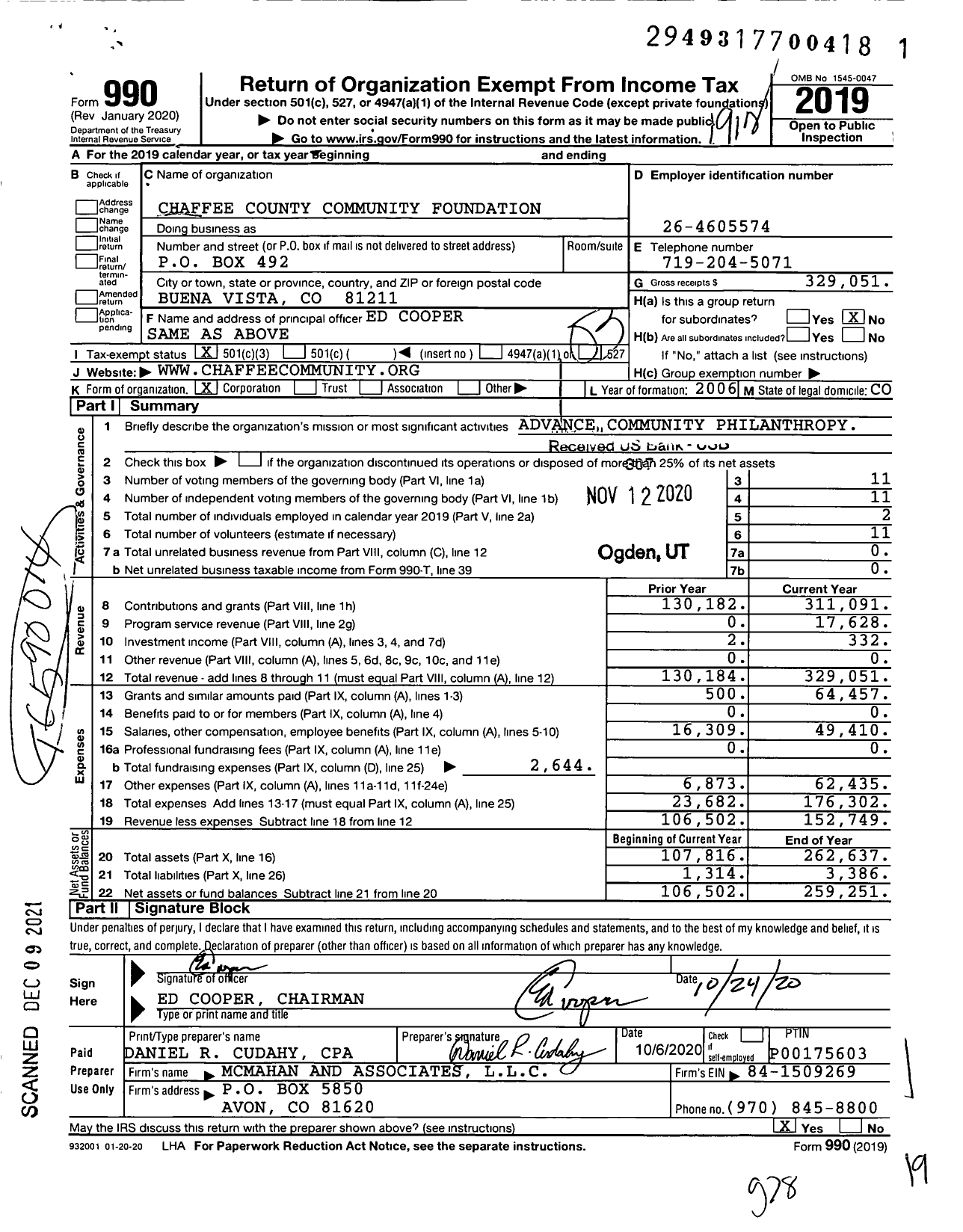 Image of first page of 2019 Form 990 for Chaffee County Community Foundation