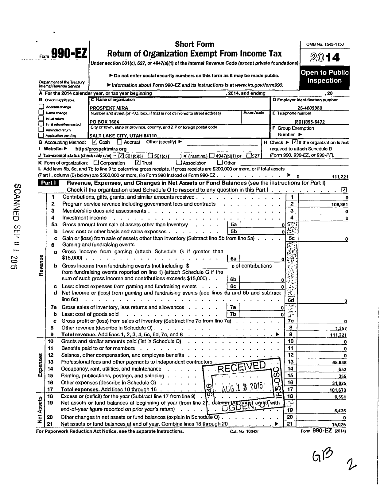 Image of first page of 2014 Form 990EZ for Prospekt Mira