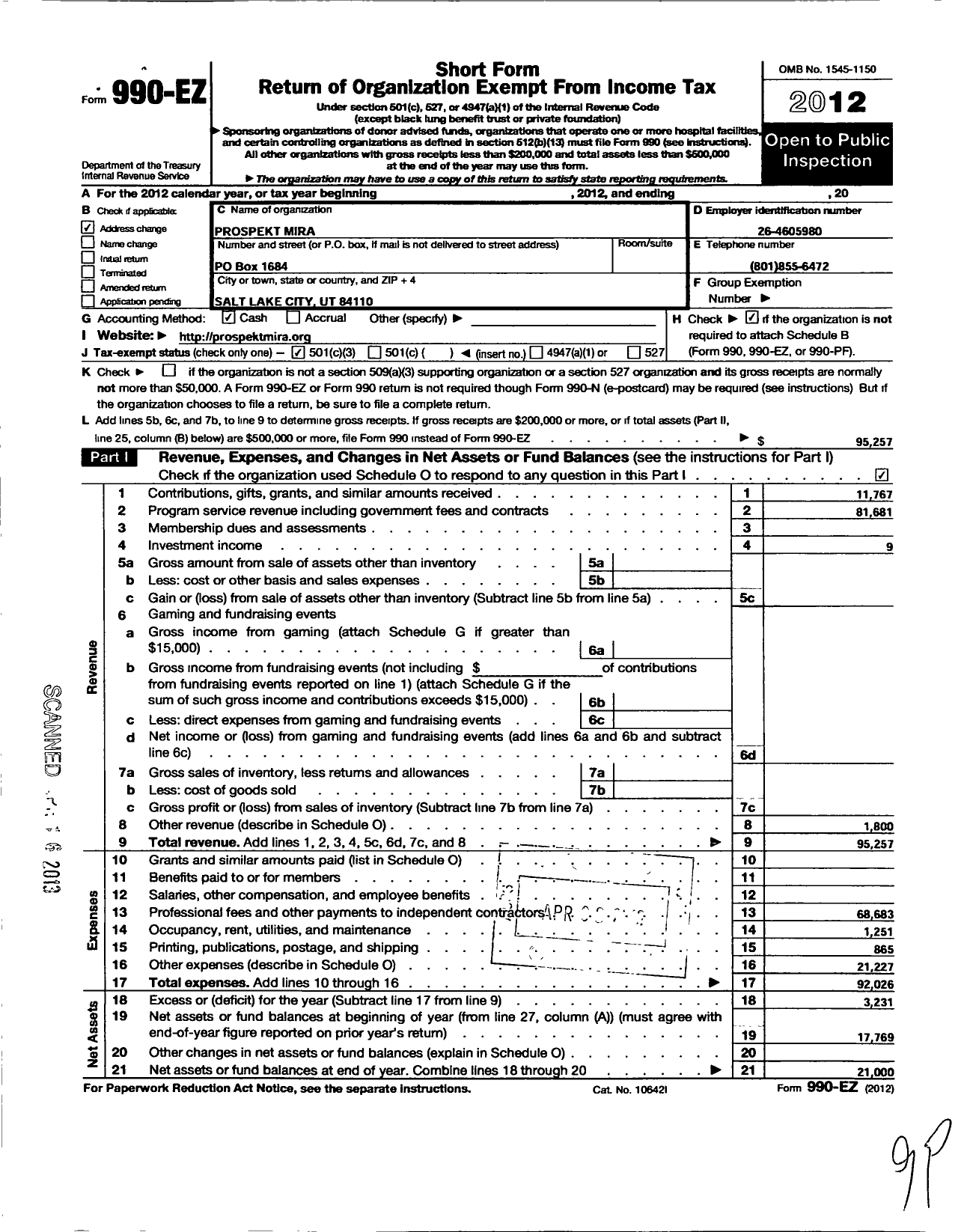 Image of first page of 2012 Form 990EZ for Prospekt Mira