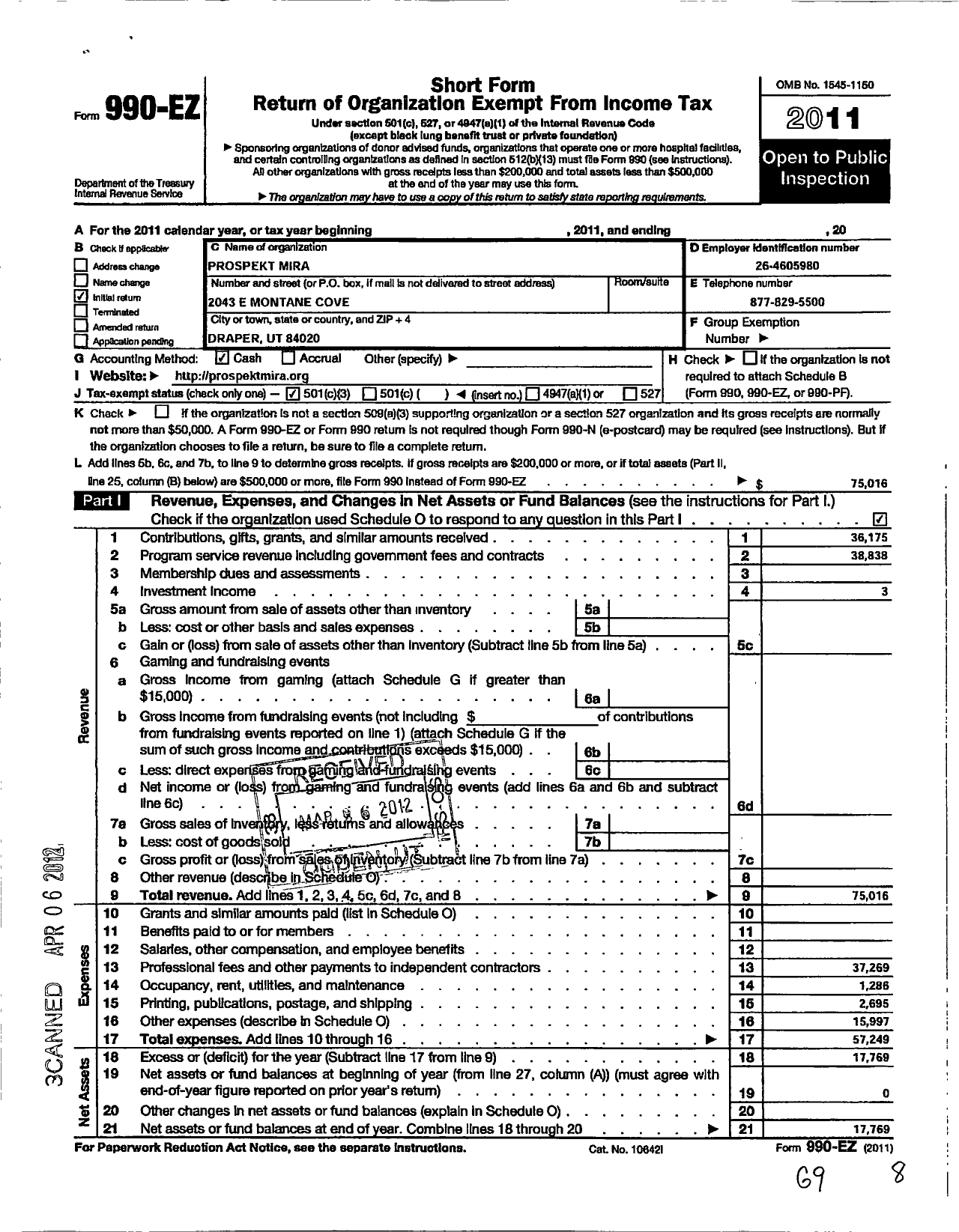 Image of first page of 2011 Form 990EZ for Prospekt Mira