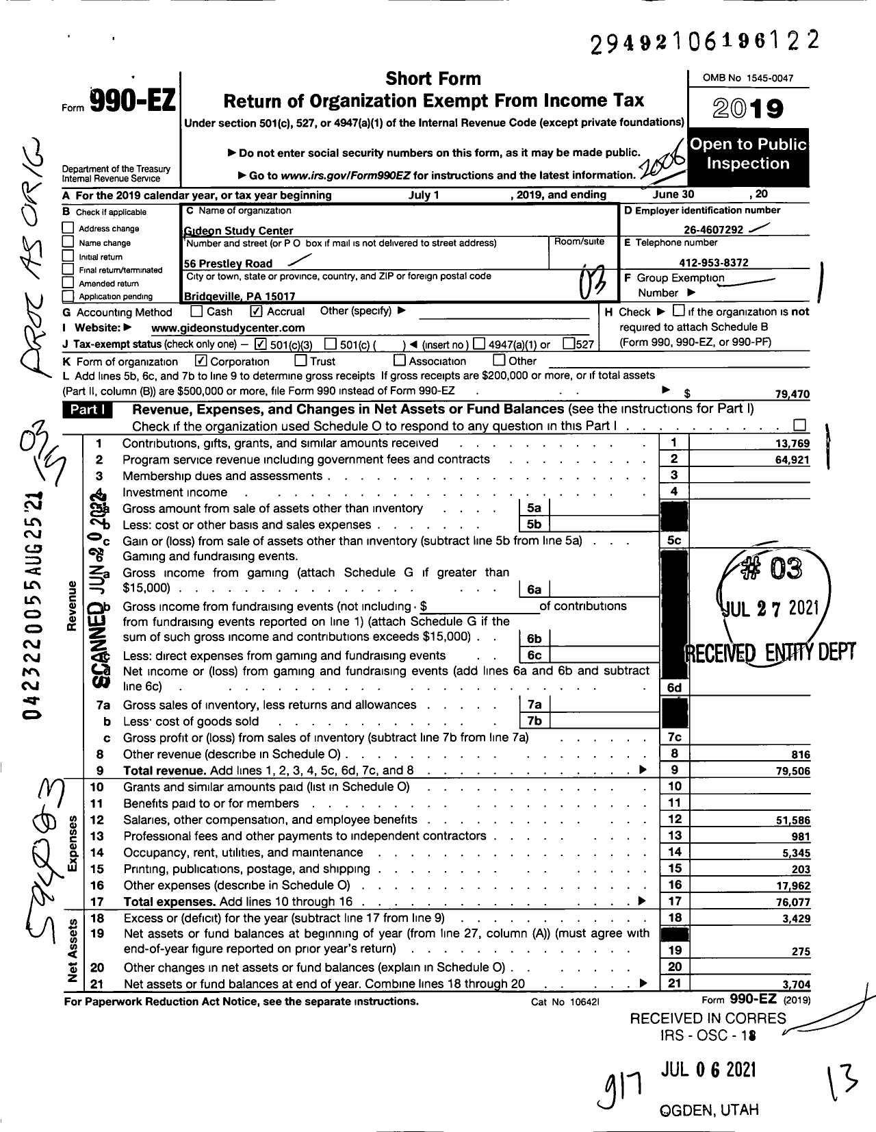 Image of first page of 2019 Form 990EZ for Gideon Study Center