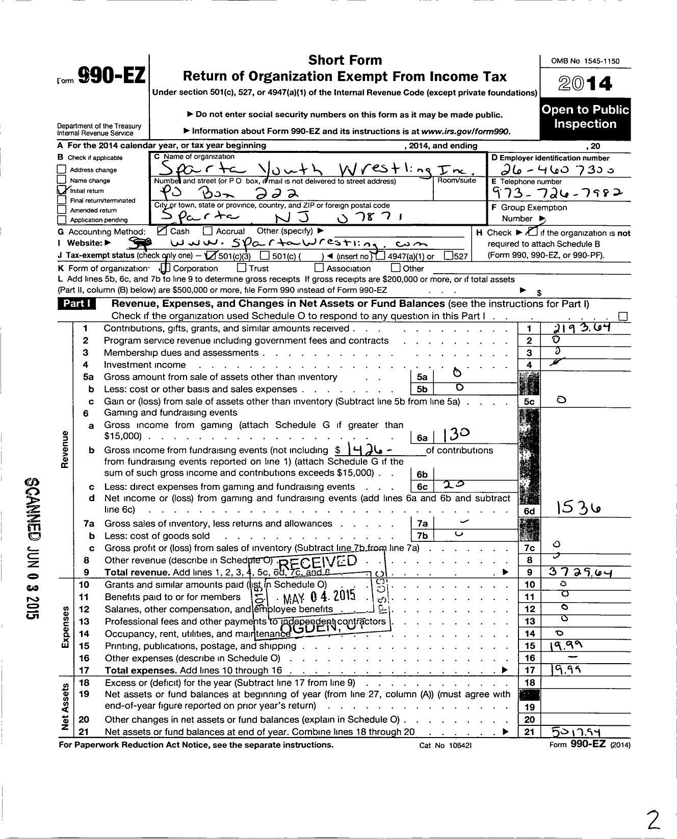 Image of first page of 2014 Form 990EZ for Sparta Youth Wrestling