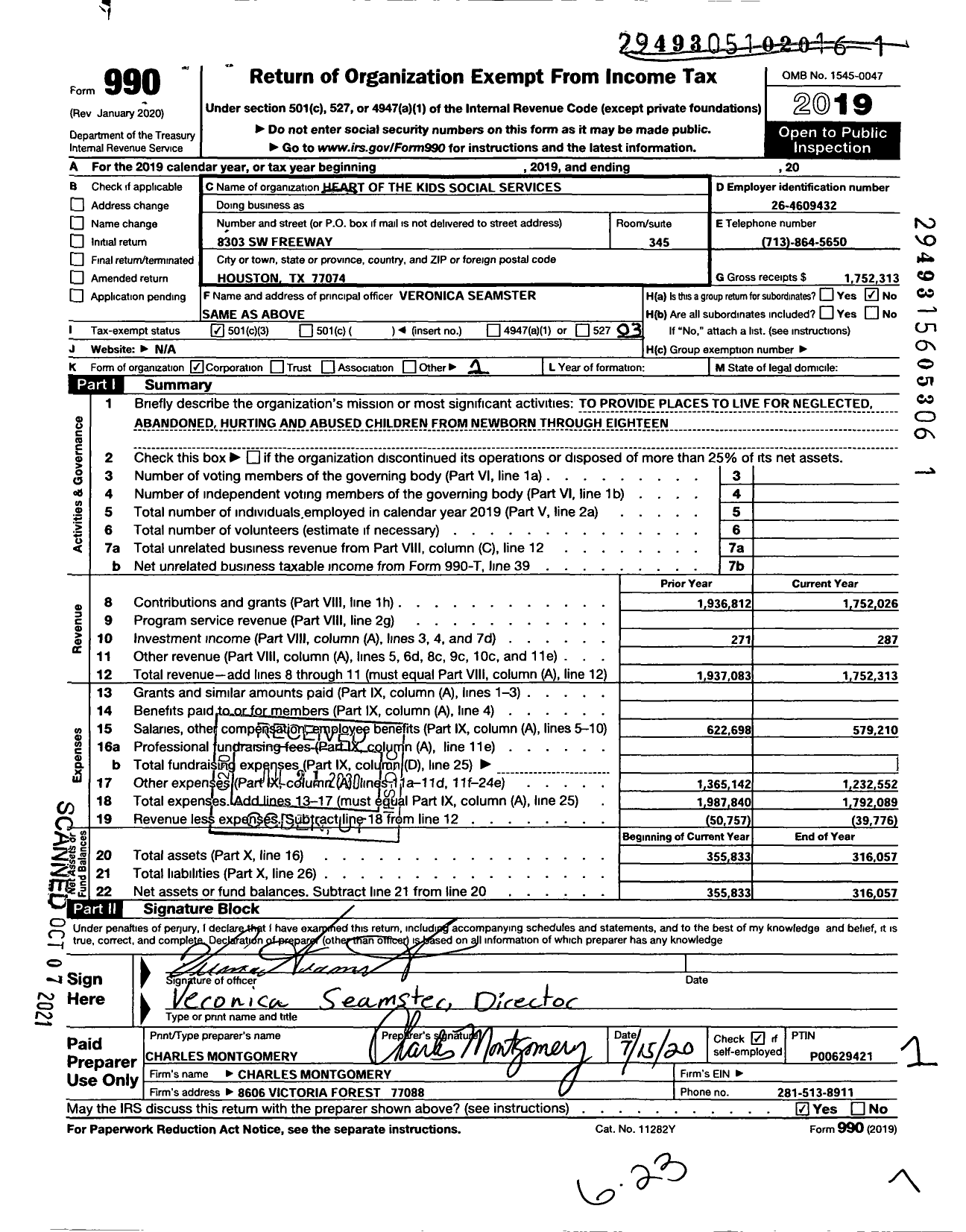 Image of first page of 2019 Form 990 for Heart of the Kids Social Services