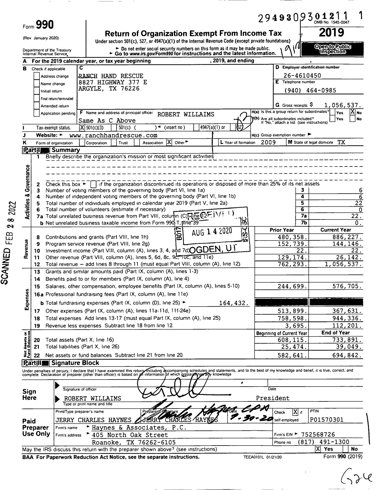 Image of first page of 2019 Form 990 for Ranch Hands Rescue