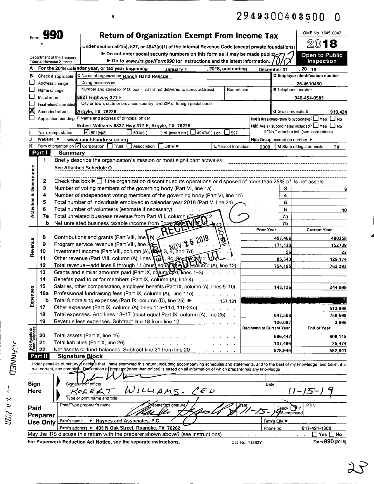 Image of first page of 2018 Form 990 for Ranch Hands Rescue