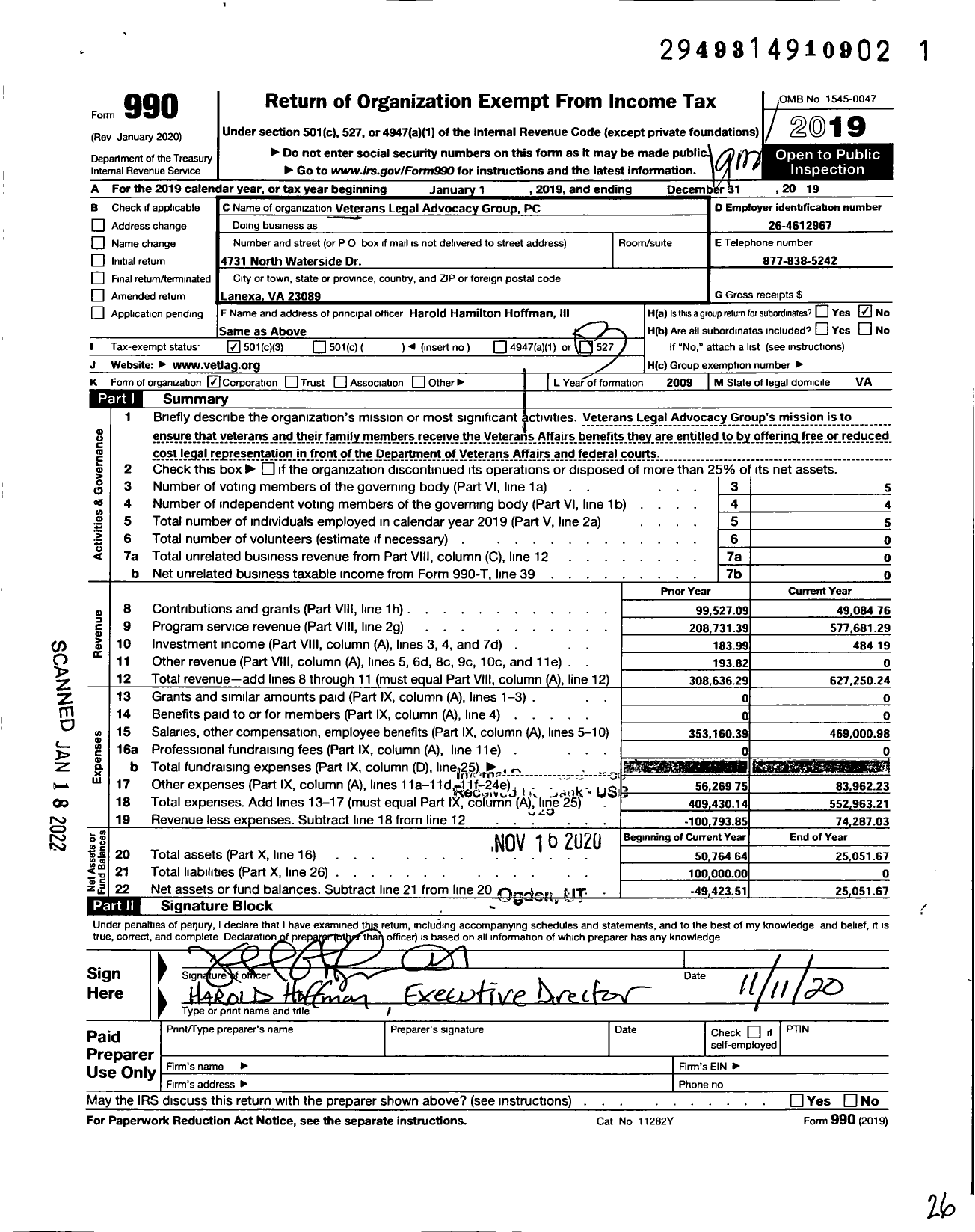 Image of first page of 2019 Form 990 for Veterans Legal Advocacy Group PC