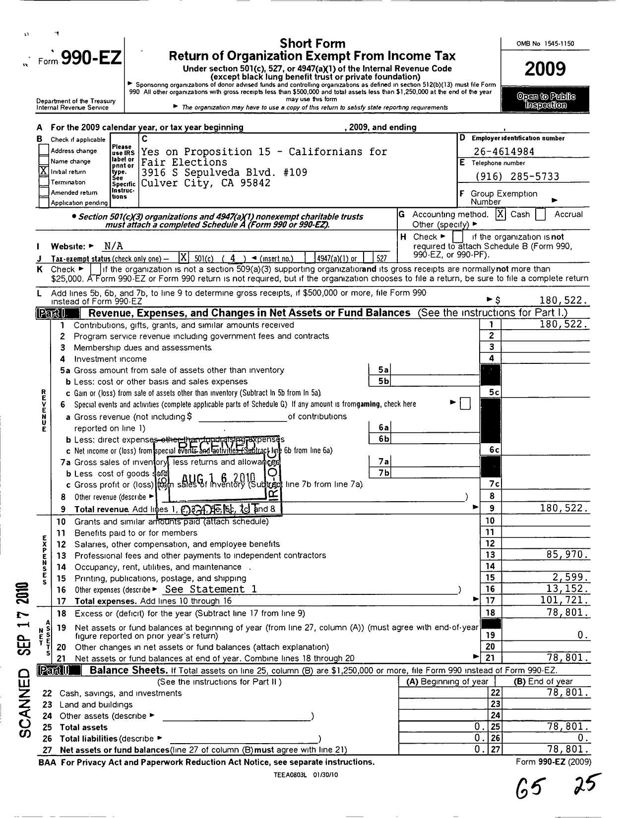 Image of first page of 2009 Form 990EO for Californians for Fair Elections